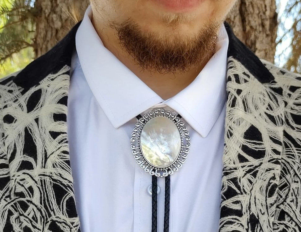 Bolo Tie with Mother of Pearl in Fancy Scroll Setting Men or Women - Folks On The Edge