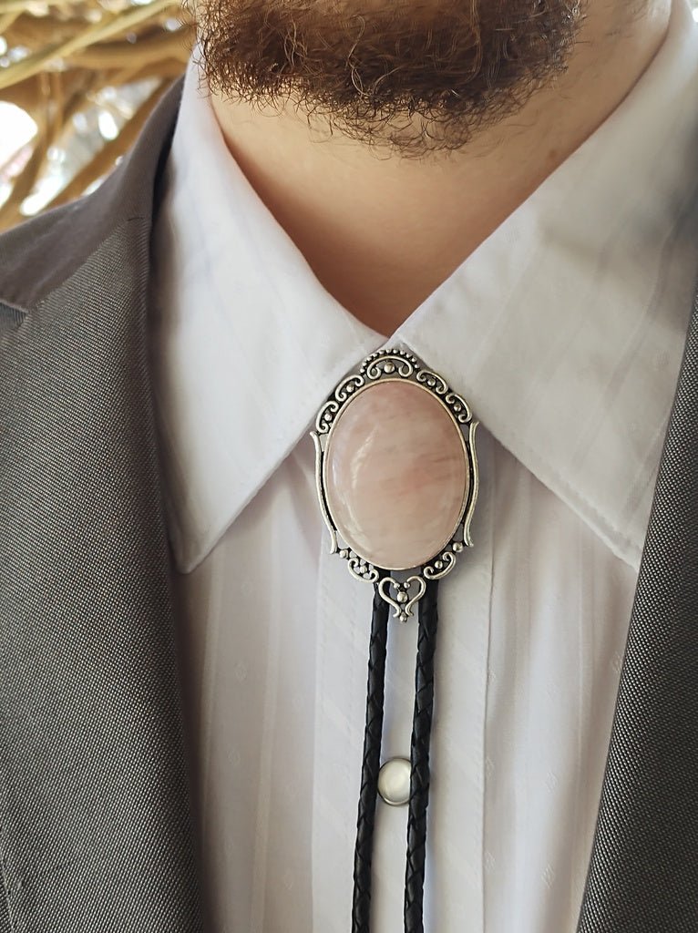 Bolo Tie with Rose Quartz in Elegant Gold, Silver or Copper Setting - Folks On The Edge