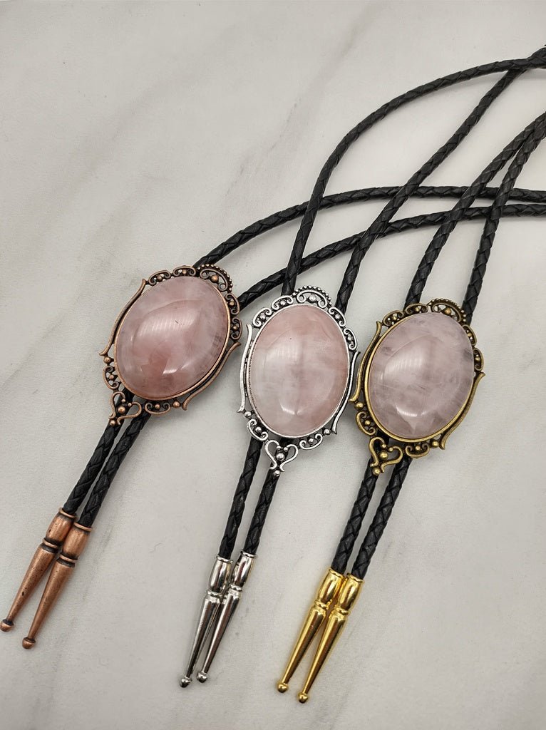 Bolo Tie with Rose Quartz in Elegant Gold, Silver or Copper Setting - Folks On The Edge