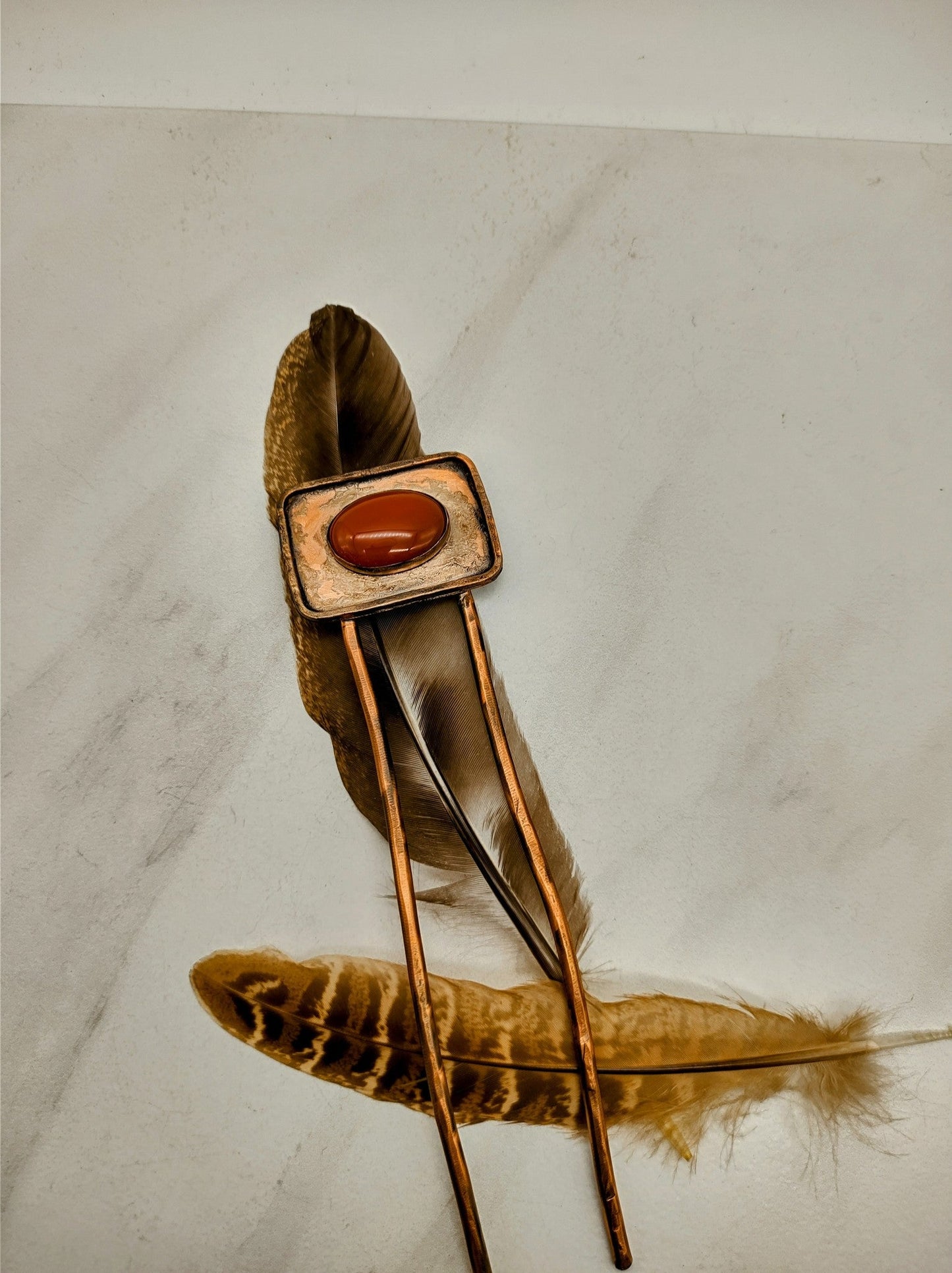 Copper Hair Fork with Orange Carnelian Agate Stone by Folks On The Edge - Folks On The Edge