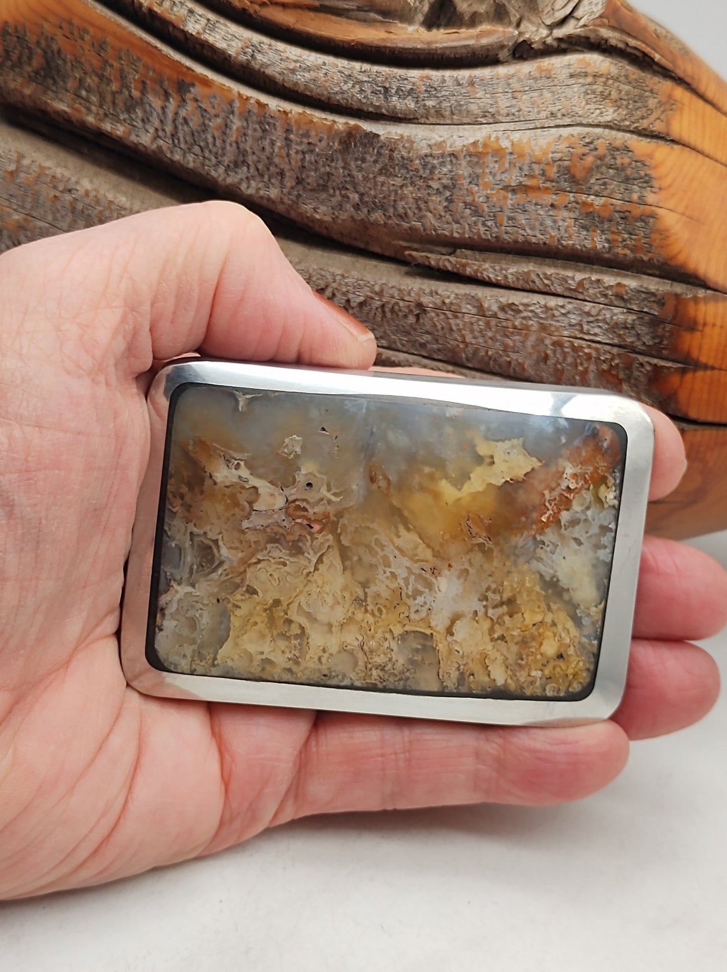 Cowboy Belt Buckle with Graveyard Point Plume Agate by Folks On The Edge - Folks On The Edge