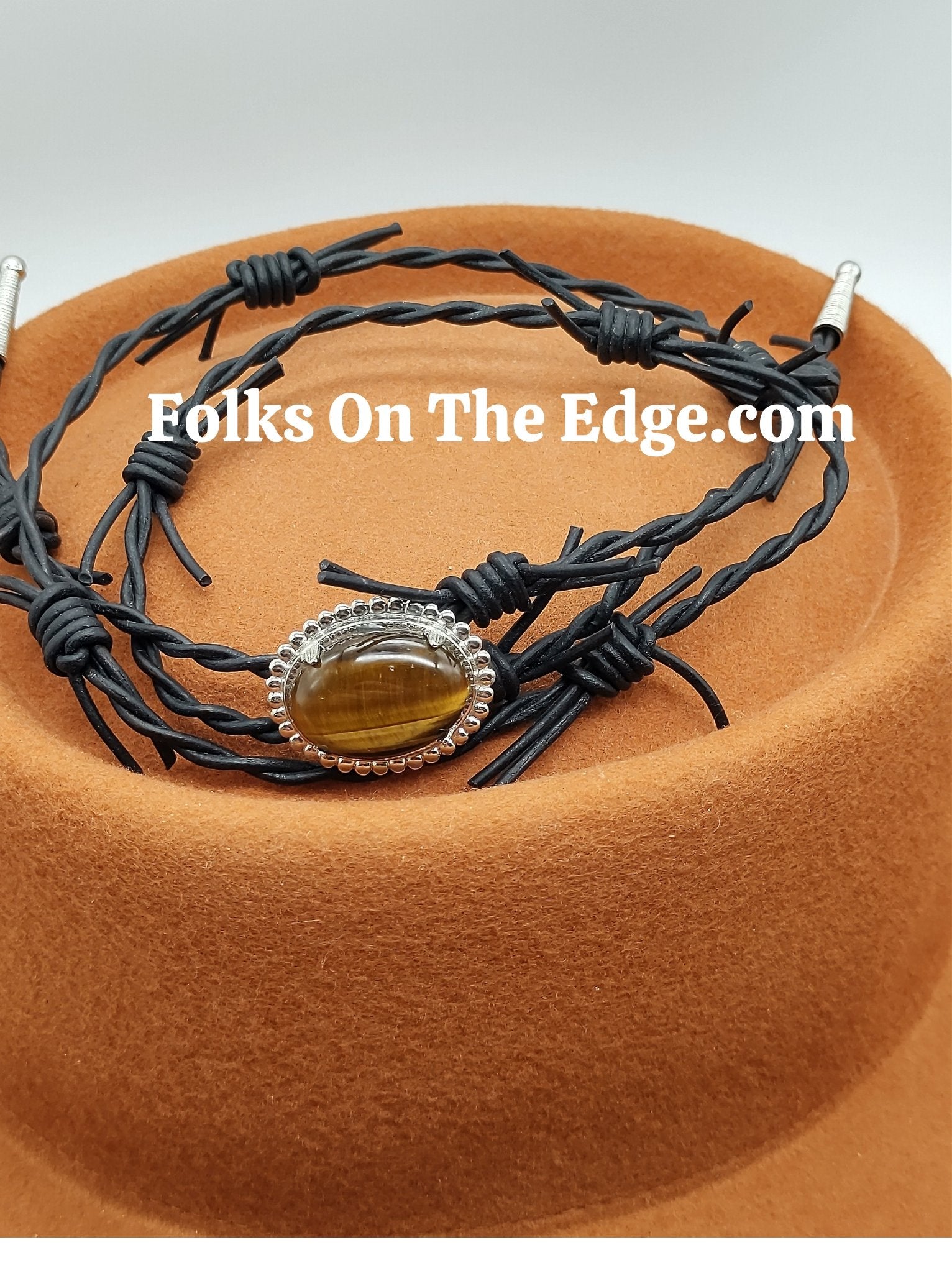Cowboy Hat Band with Genuine Tiger's Eye on Barbed Wire Leather Band by Folks On The Edge - Folks On The Edge