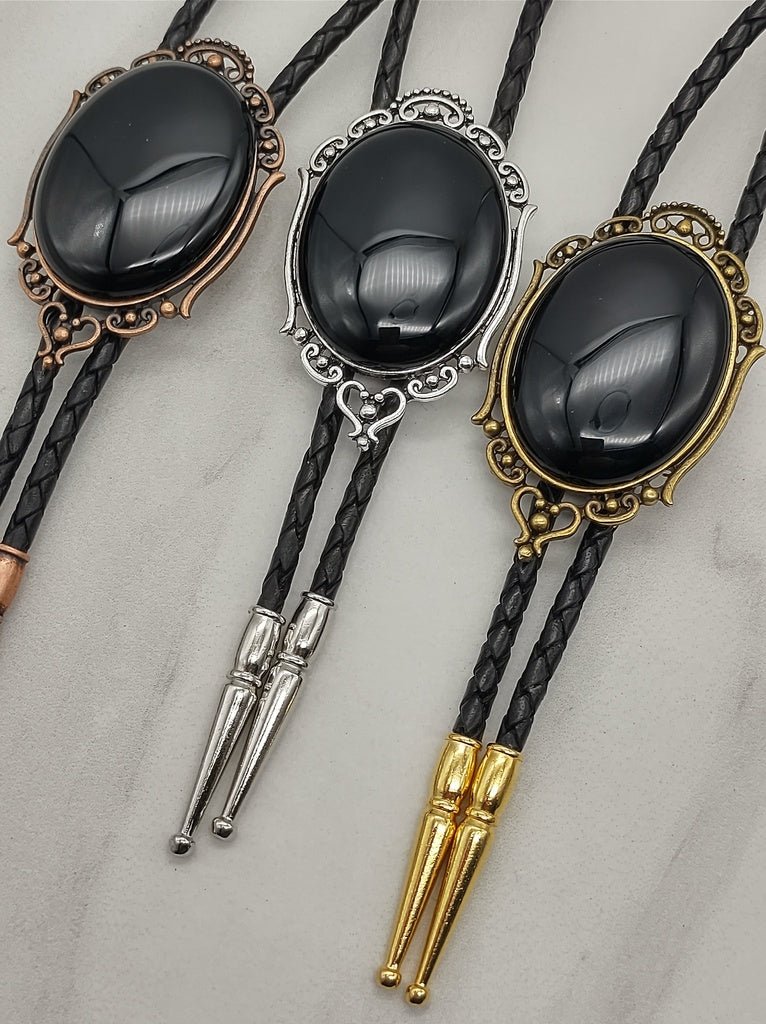 Satin Brass w Antique Finish Bolo Tie w Black Onyx Gemstone factory Bola Wedding Necktie