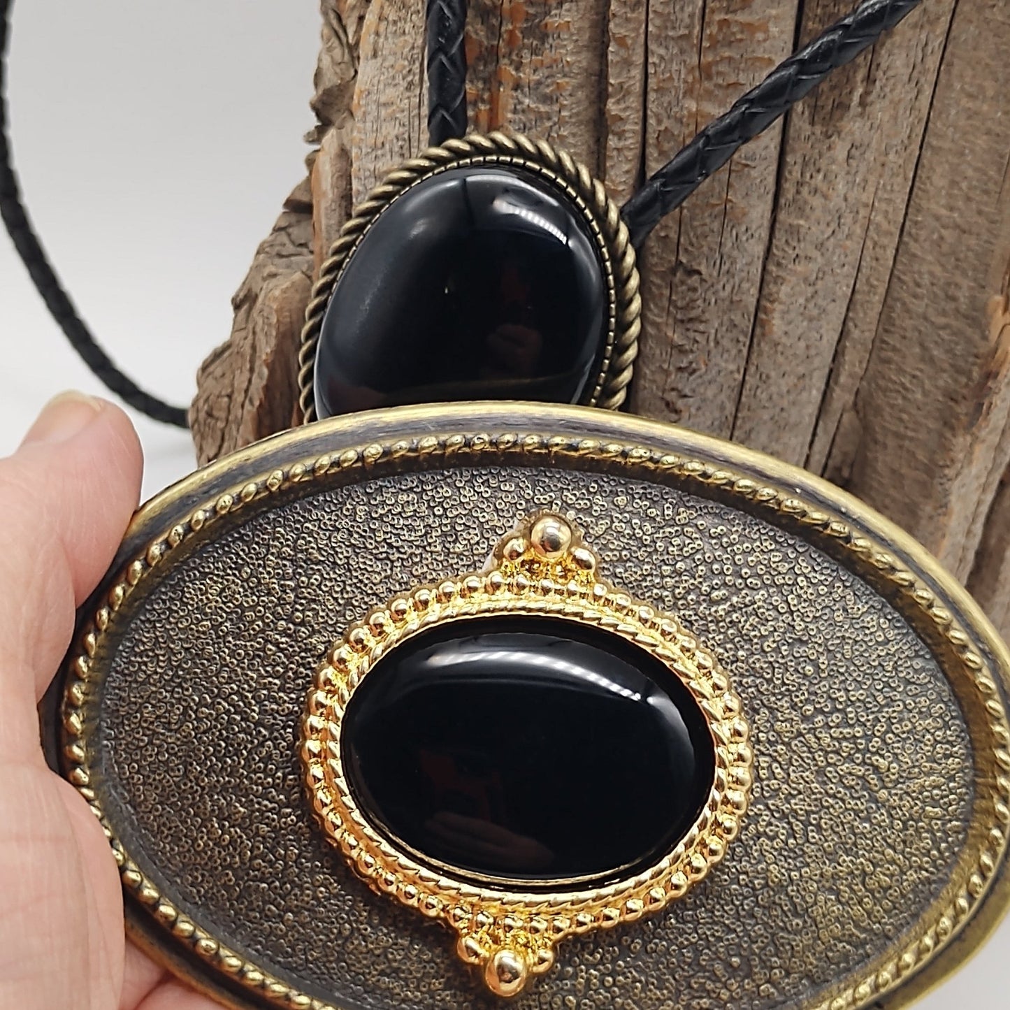 Matching Black Onyx Bolo Tie & Belt Buckle Gold Tone Set - Folks On The Edge