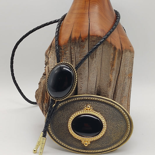 Matching Black Onyx Bolo Tie & Belt Buckle Gold Tone Set - Folks On The Edge