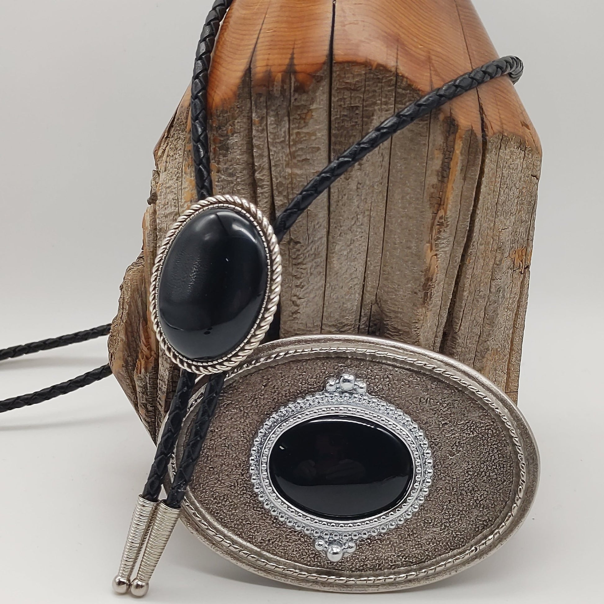 Matching Black Onyx Bolo Tie & Belt Buckle Silver Tone Set - Folks On The Edge