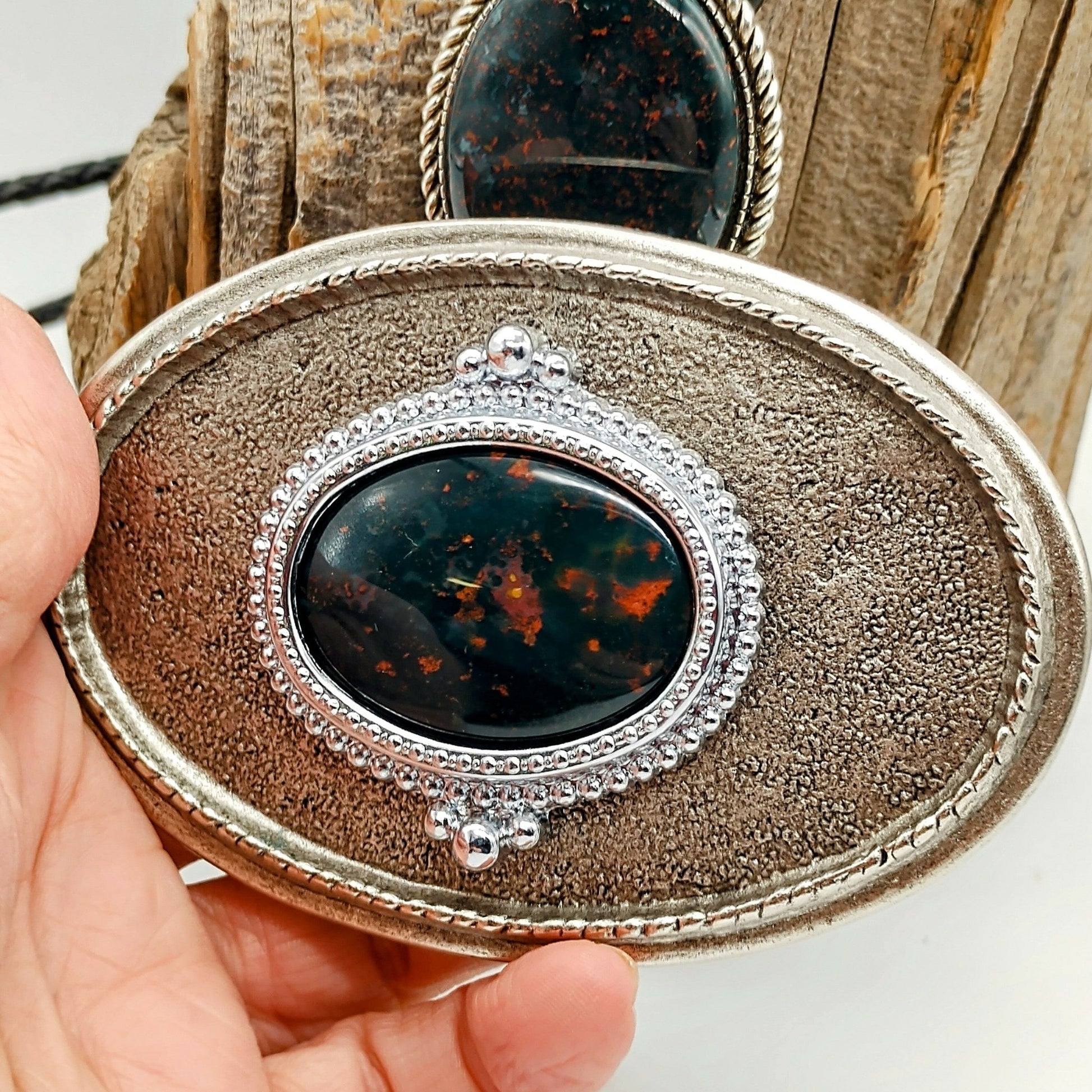 Matching Bloodstone Jasper Bolo Tie & Belt Buckle Silver Tone Set - Folks On The Edge