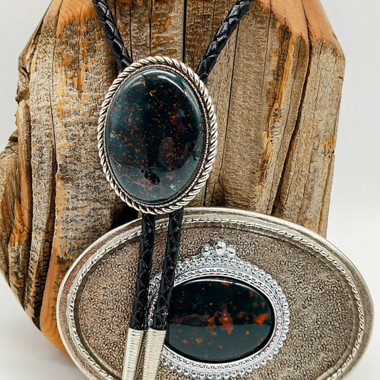 Matching Bloodstone Jasper Bolo Tie & Belt Buckle Silver Tone Set - Folks On The Edge