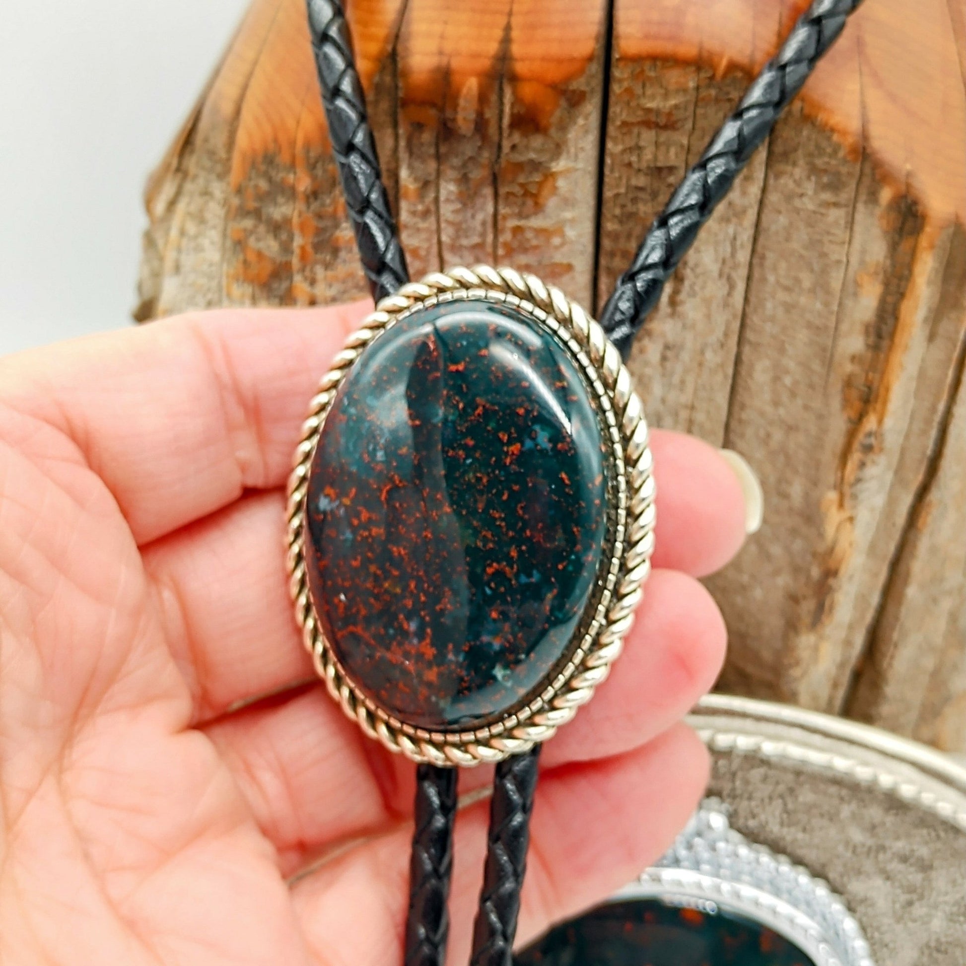 Matching Bloodstone Jasper Bolo Tie & Belt Buckle Silver Tone Set - Folks On The Edge