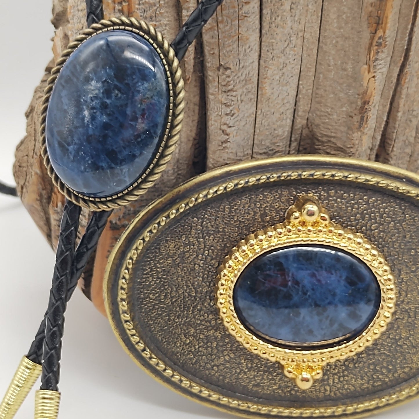Matching Blue Sodalite Bolo Tie & Belt Buckle Gold Tone Set - Folks On The Edge