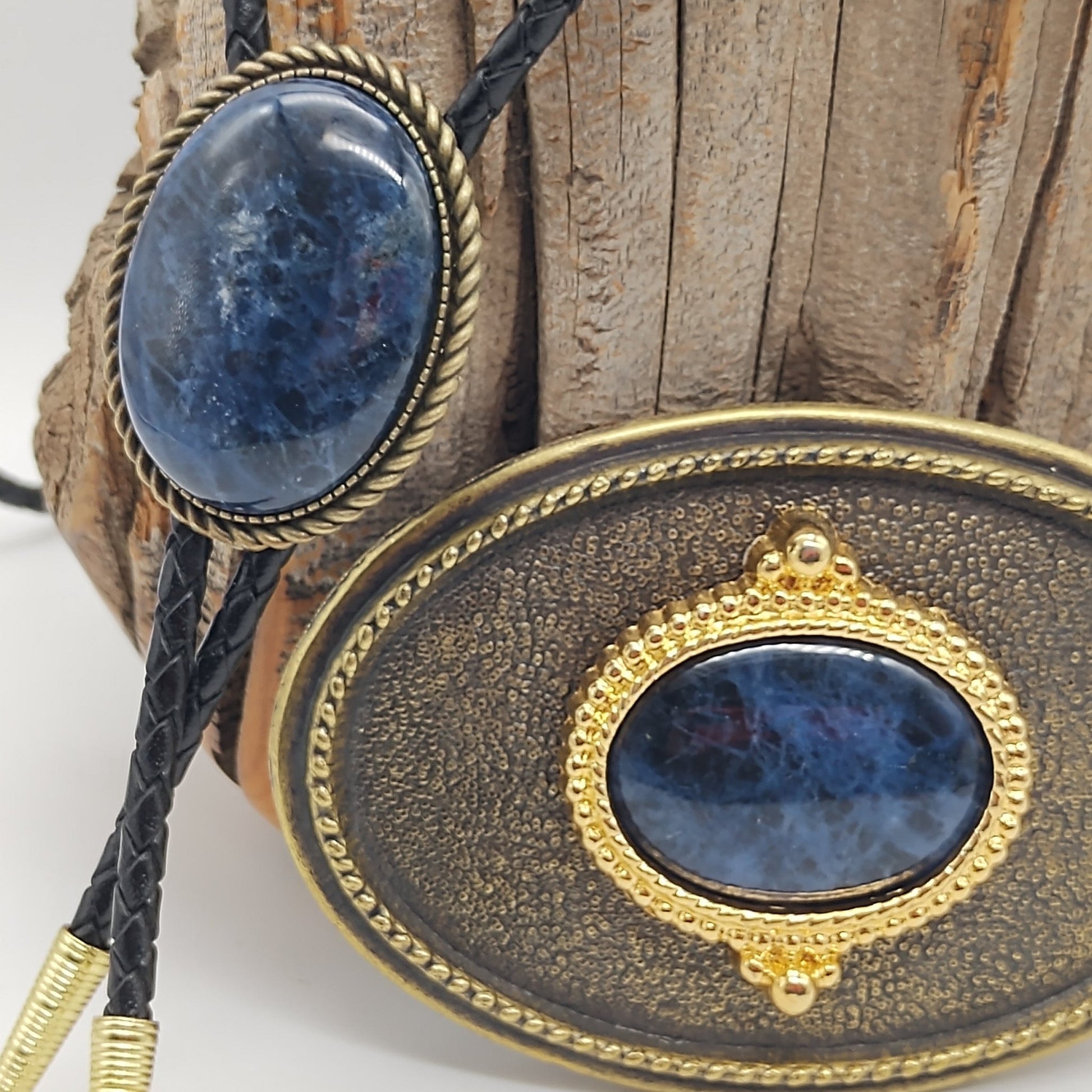 Matching Blue Sodalite Bolo Tie & Belt Buckle Gold Tone Set - Folks On The Edge