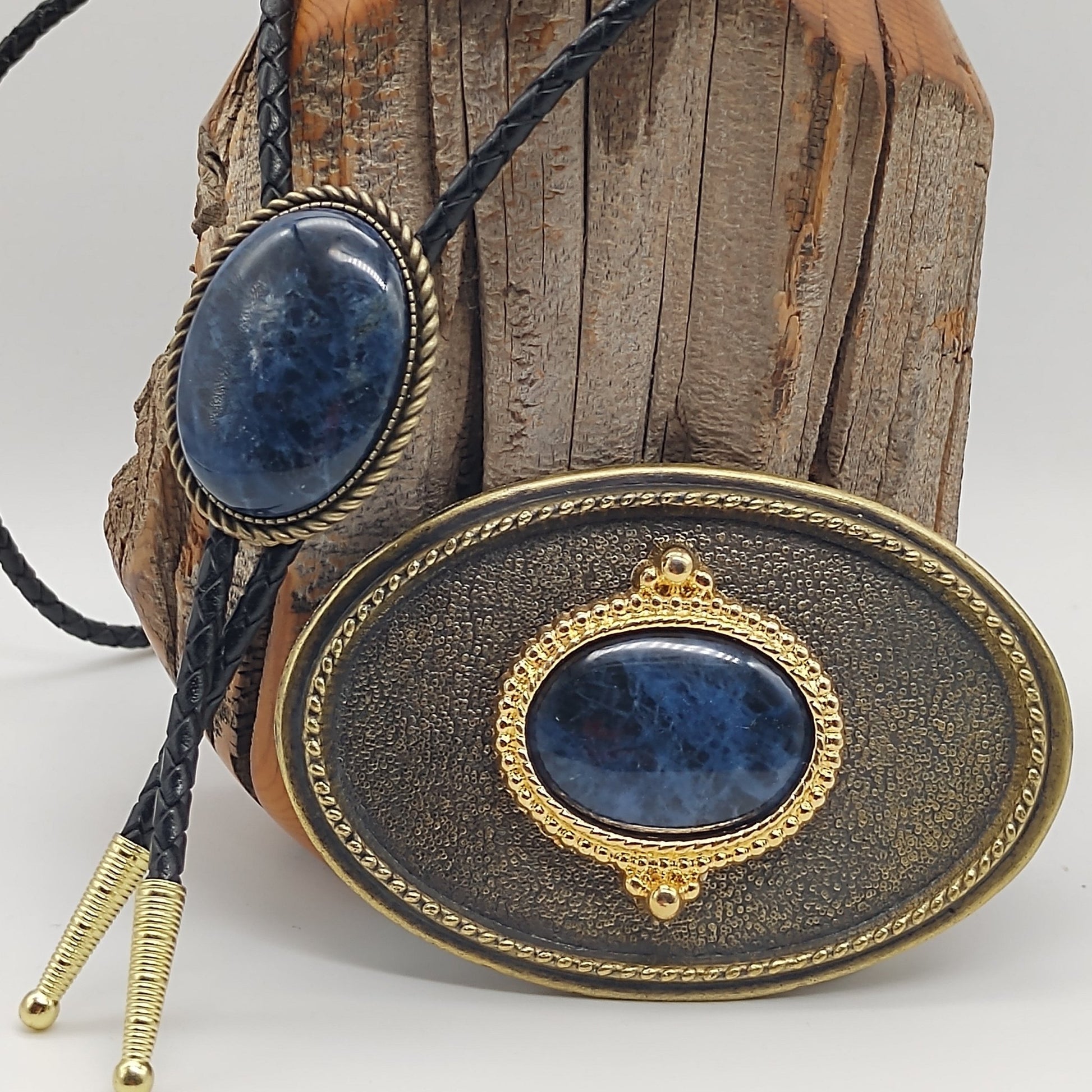 Matching Blue Sodalite Bolo Tie & Belt Buckle Gold Tone Set - Folks On The Edge