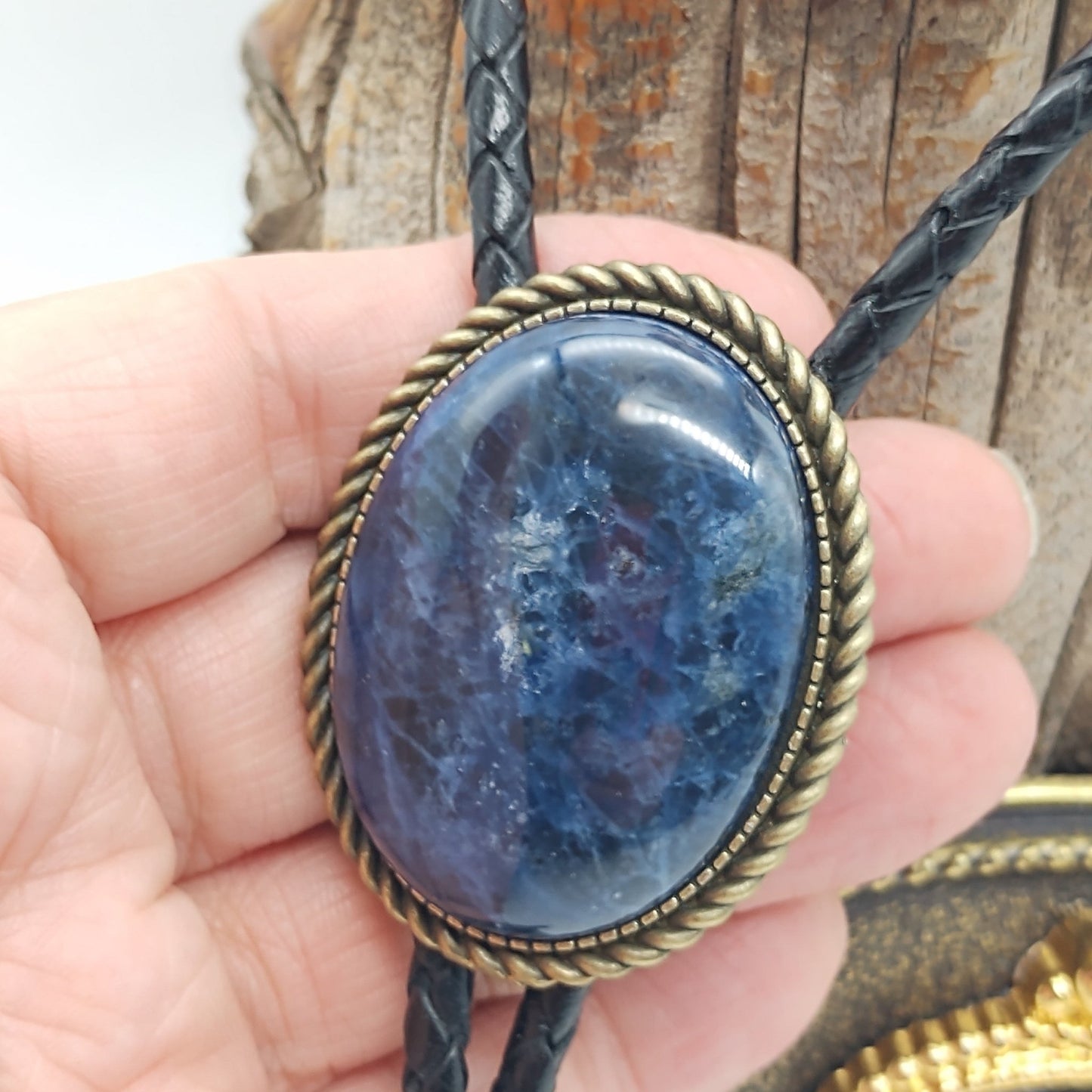 Matching Blue Sodalite Bolo Tie & Belt Buckle Gold Tone Set - Folks On The Edge