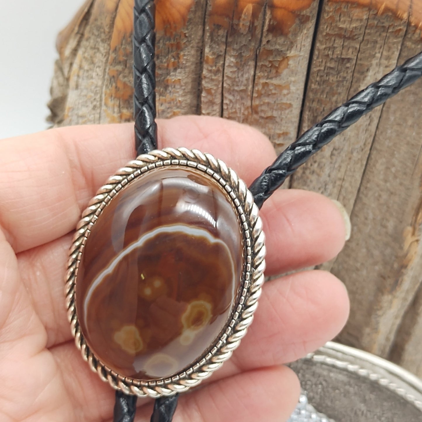 Matching Brown Banded Agate Bolo Tie & Belt Buckle Silver Tone Set - Folks On The Edge