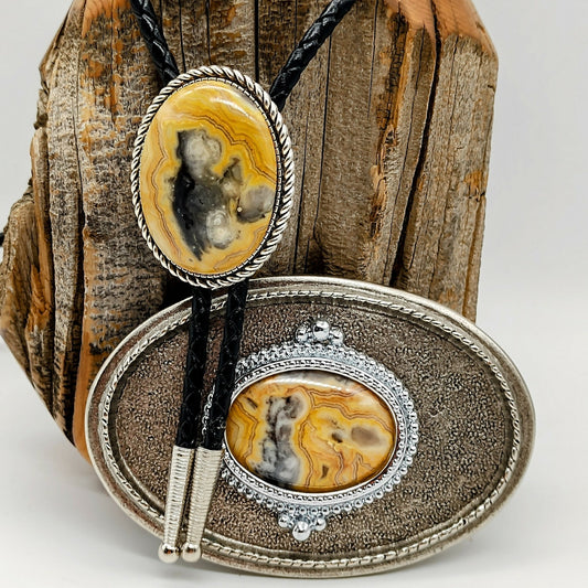 Matching Crazy Lace Agate Bolo Tie & Belt Buckle Silver Tone Set - Folks On The Edge