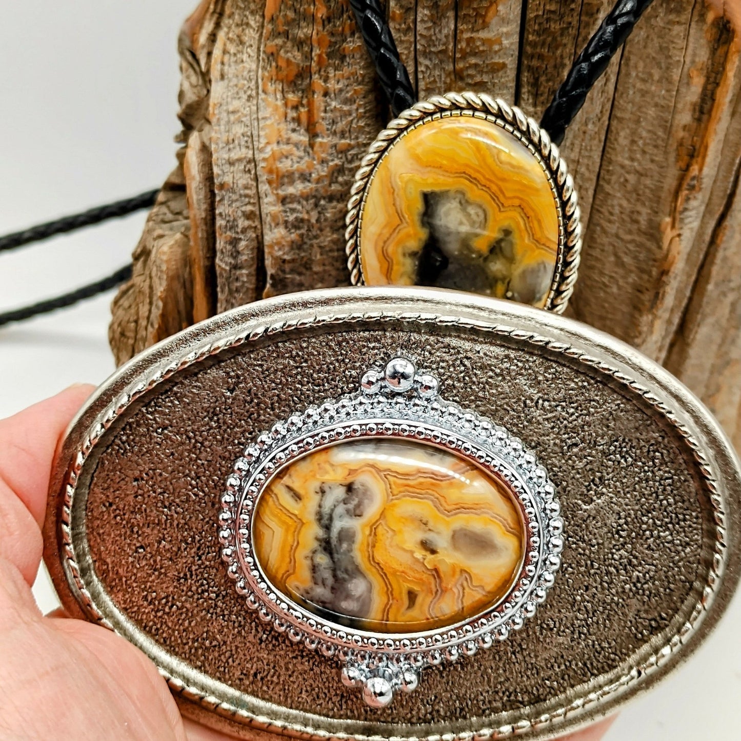 Matching Crazy Lace Agate Bolo Tie & Belt Buckle Silver Tone Set - Folks On The Edge