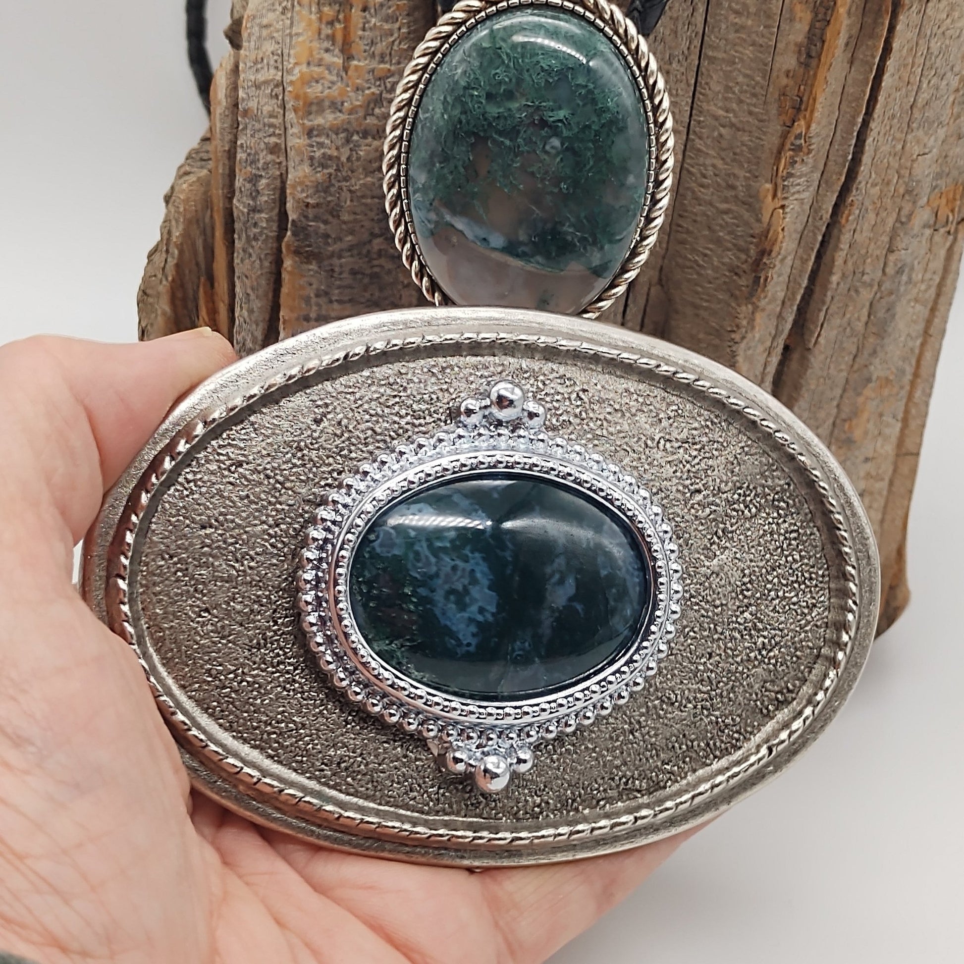 Matching Green Moss Agate Bolo Tie & Belt Buckle Silver Tone Set - Folks On The Edge