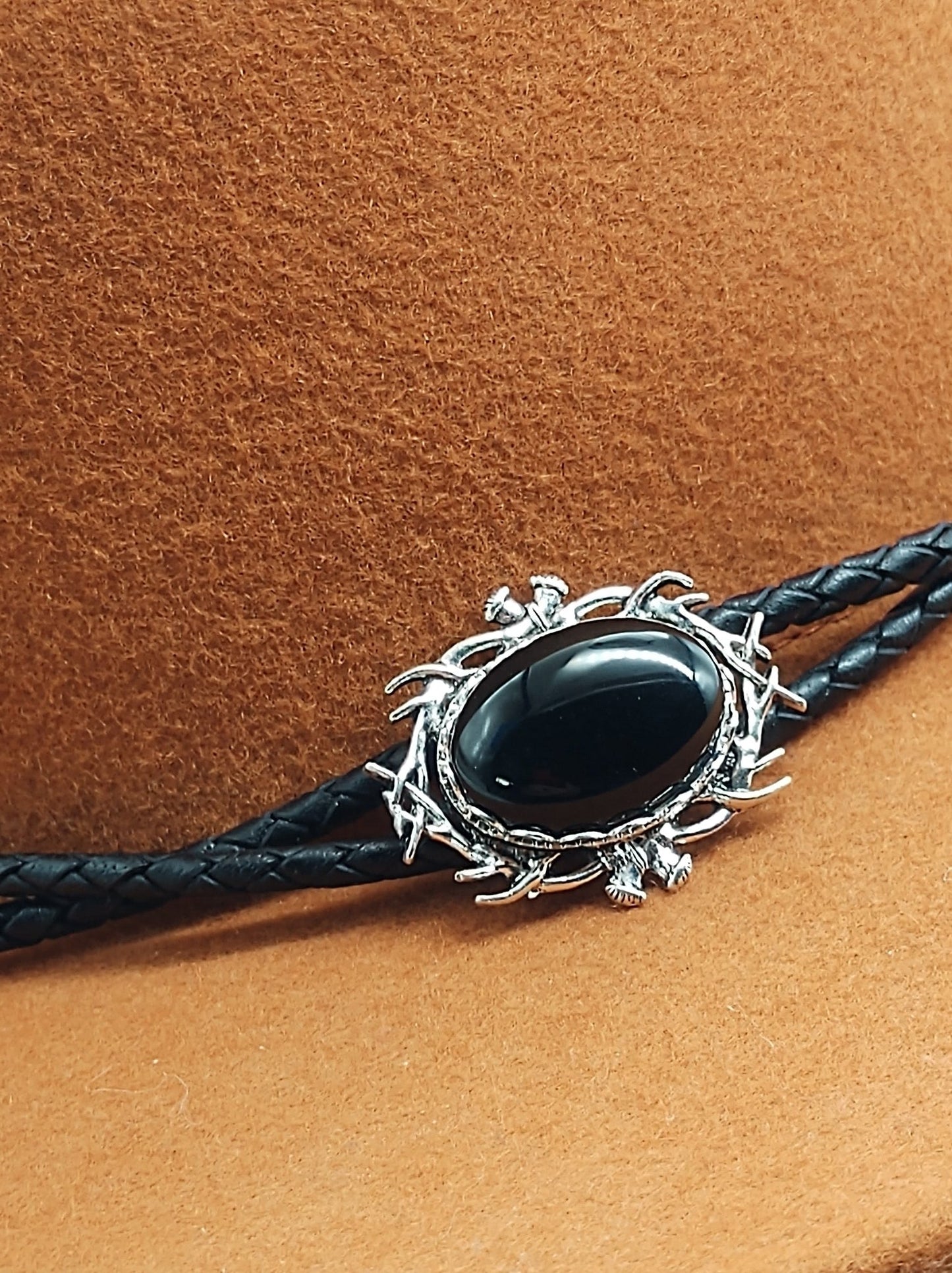 Stag Horn Cowboy Hat Band with Black Onyx on Leather - Folks On The Edge