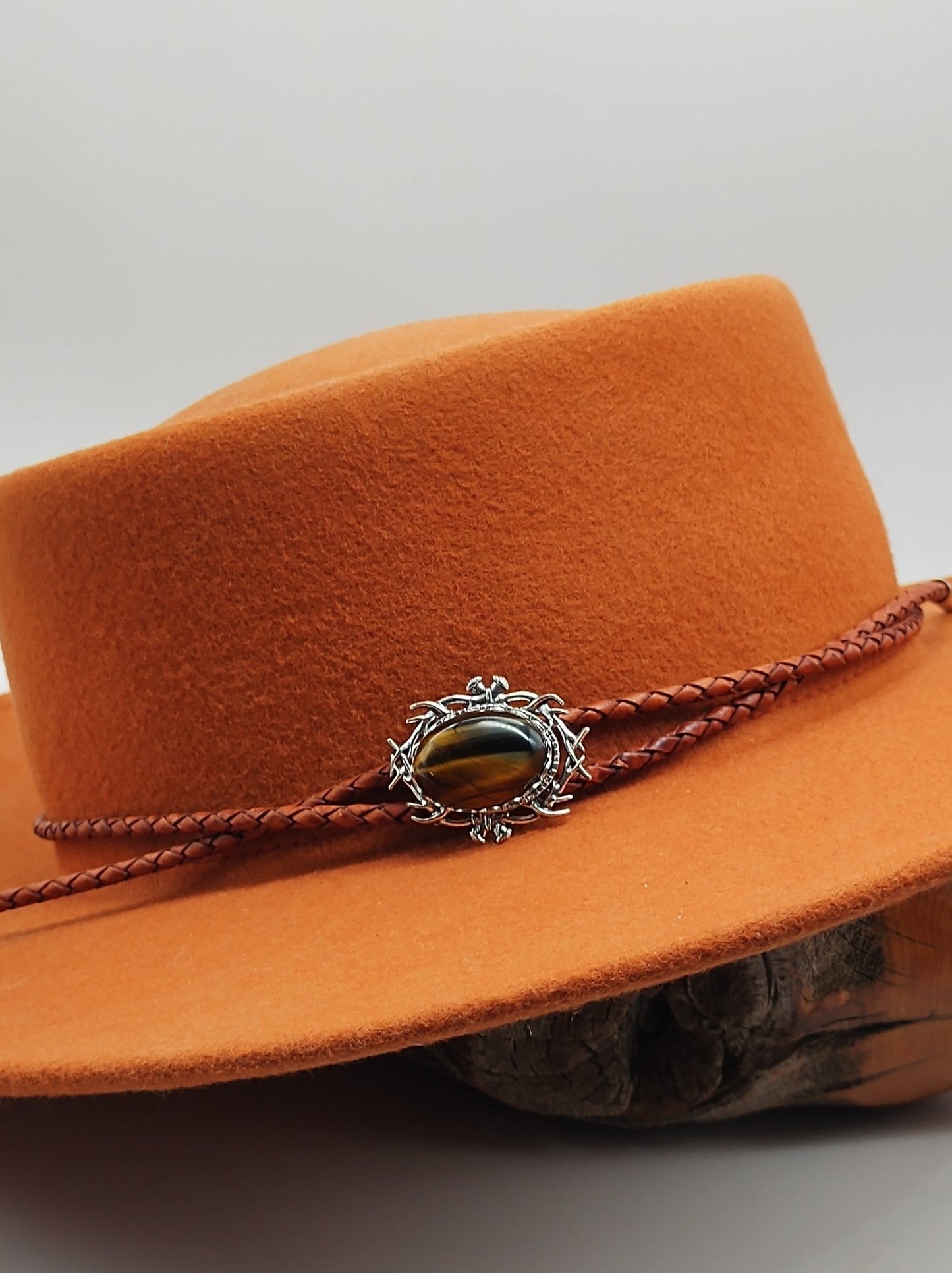 Stag Horn Cowboy Hat Band with Tiger's Eye Jasper on Leather - Folks On The Edge