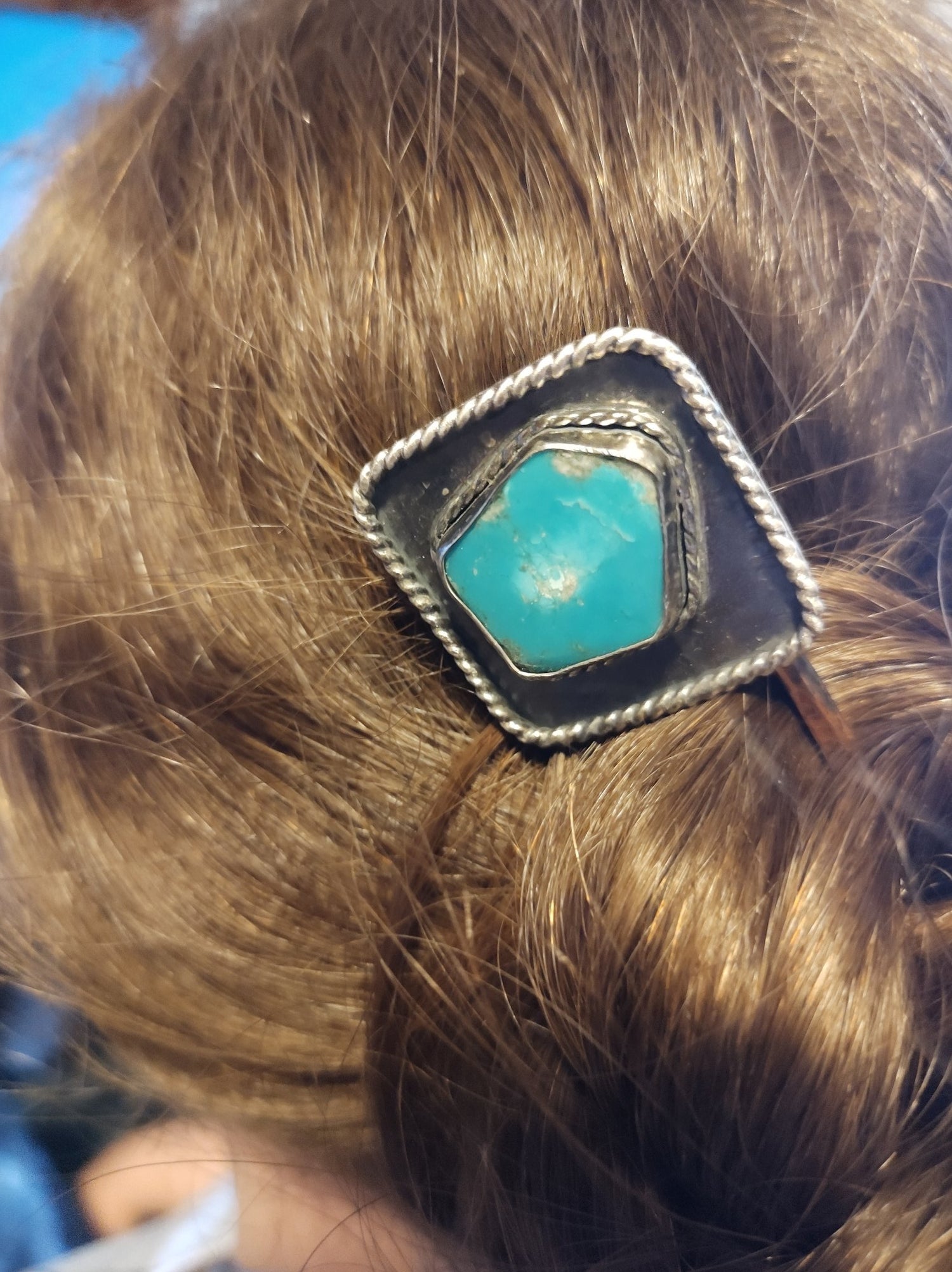 turquoise in silver hair fork on bun