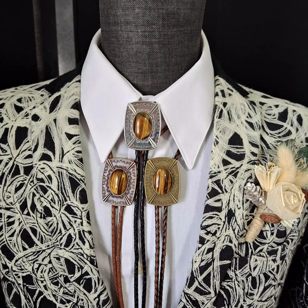 Tiger's Eye Jasper Bolo Tie in  Pahsimeroi Setting Gold, Silver or Copper