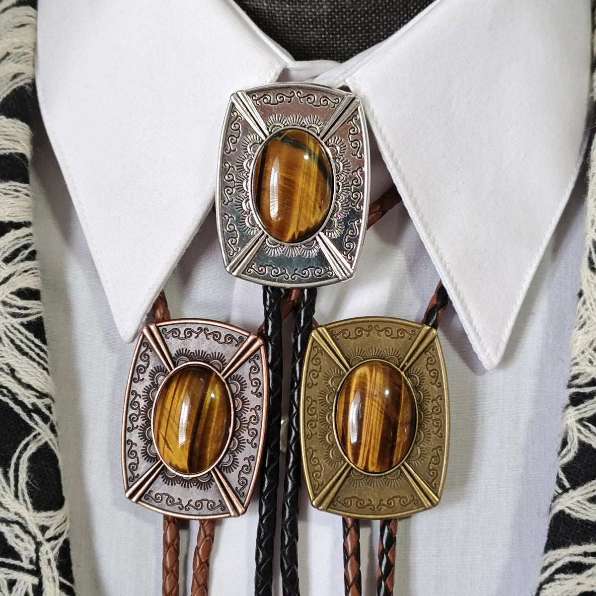 Tiger's Eye Jasper Bolo Tie in  Pahsimeroi Setting Gold, Silver or Copper