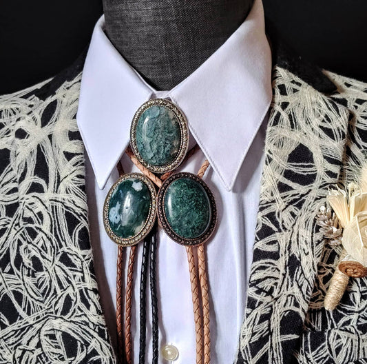 Yellowstone Bolo Tie with Moss Agate Stone in Gold, Silver or Copper Setting