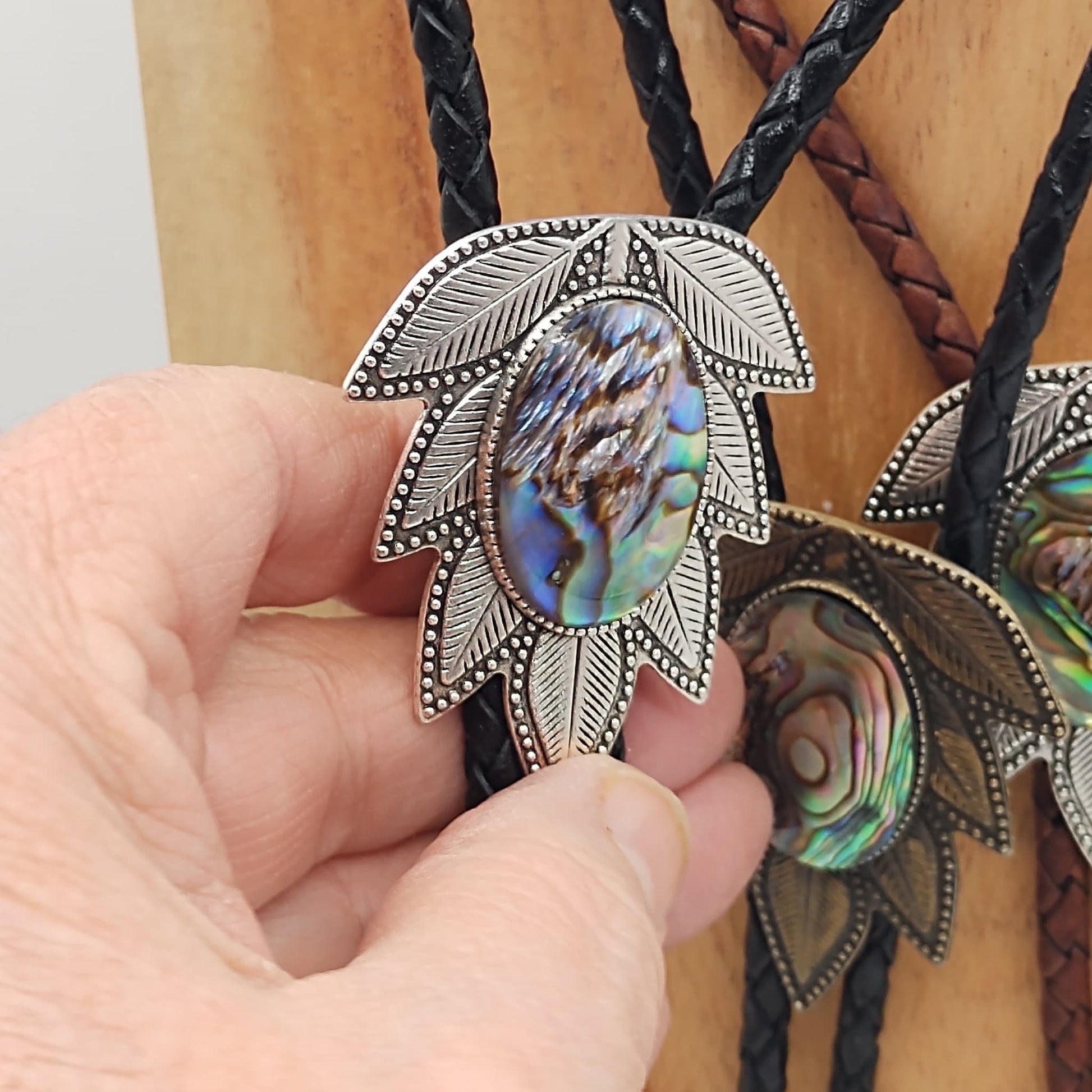 Abalone Bolo Tie in Wisteria Setting Silver or Gold - Folks On The Edge