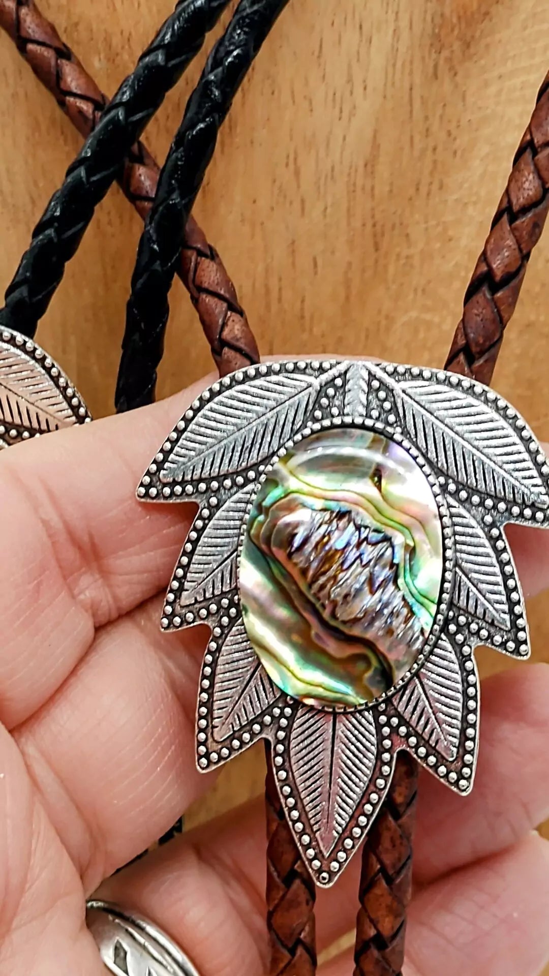 Abalone Bolo Tie in Wisteria Setting Silver or Gold - Folks On The Edge