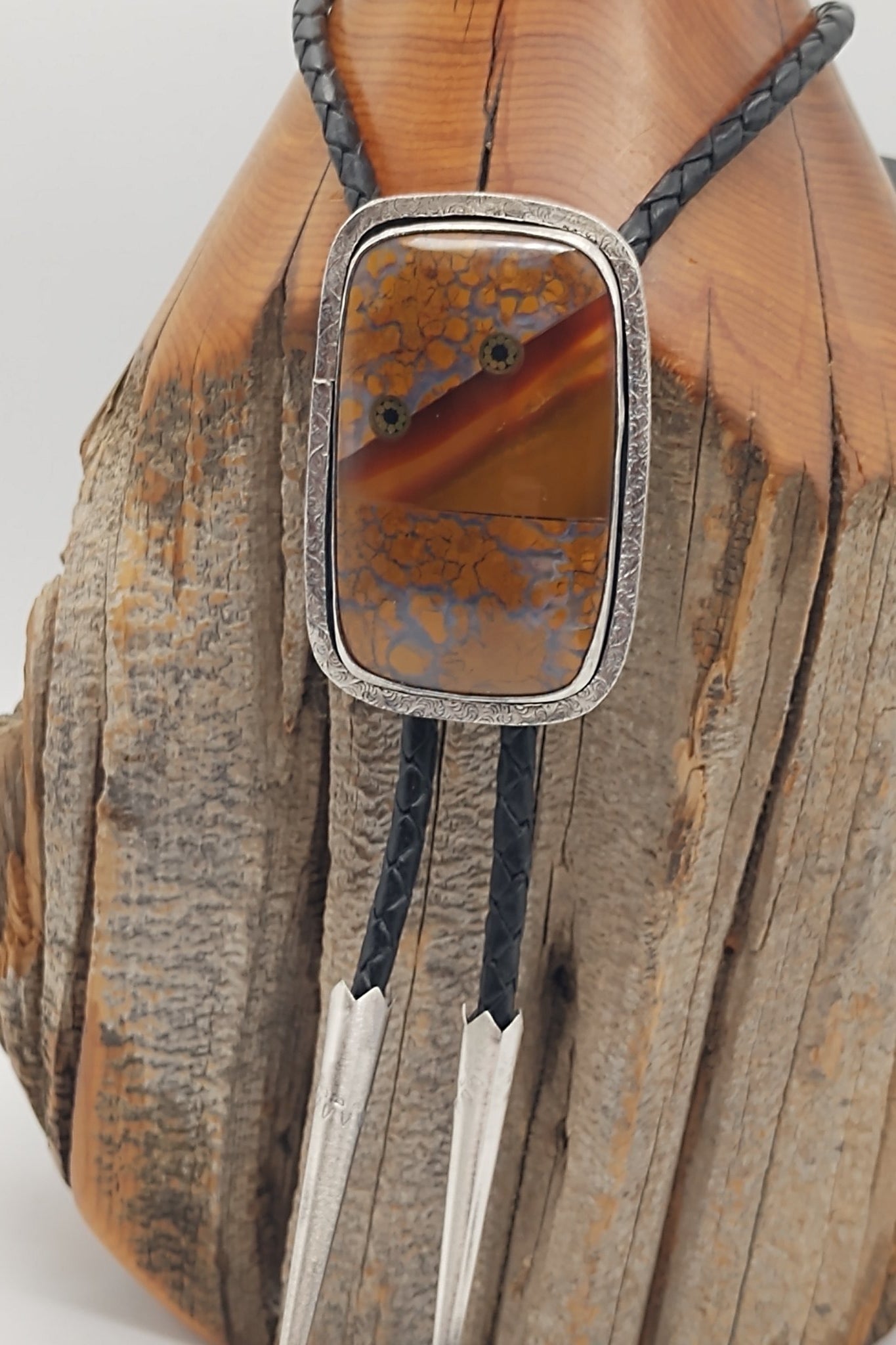 Agate Sterling Silver Bolo Tie with Intarsia Inlay - Folks On The Edge