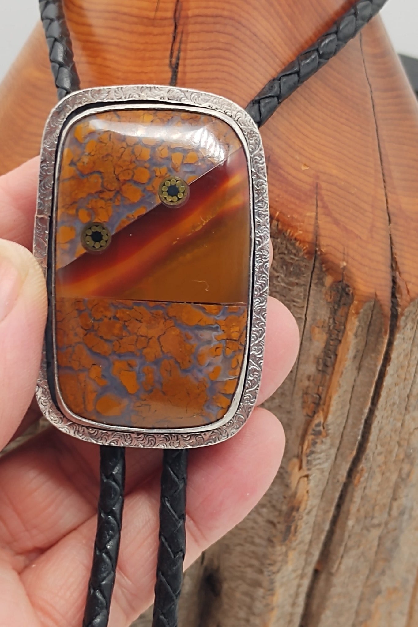 Agate Sterling Silver Bolo Tie with Intarsia Inlay - Folks On The Edge