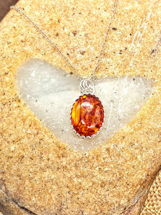 Amber Sterling Silver Pendant Necklace with 18x13mm Stone - Folks On The Edge