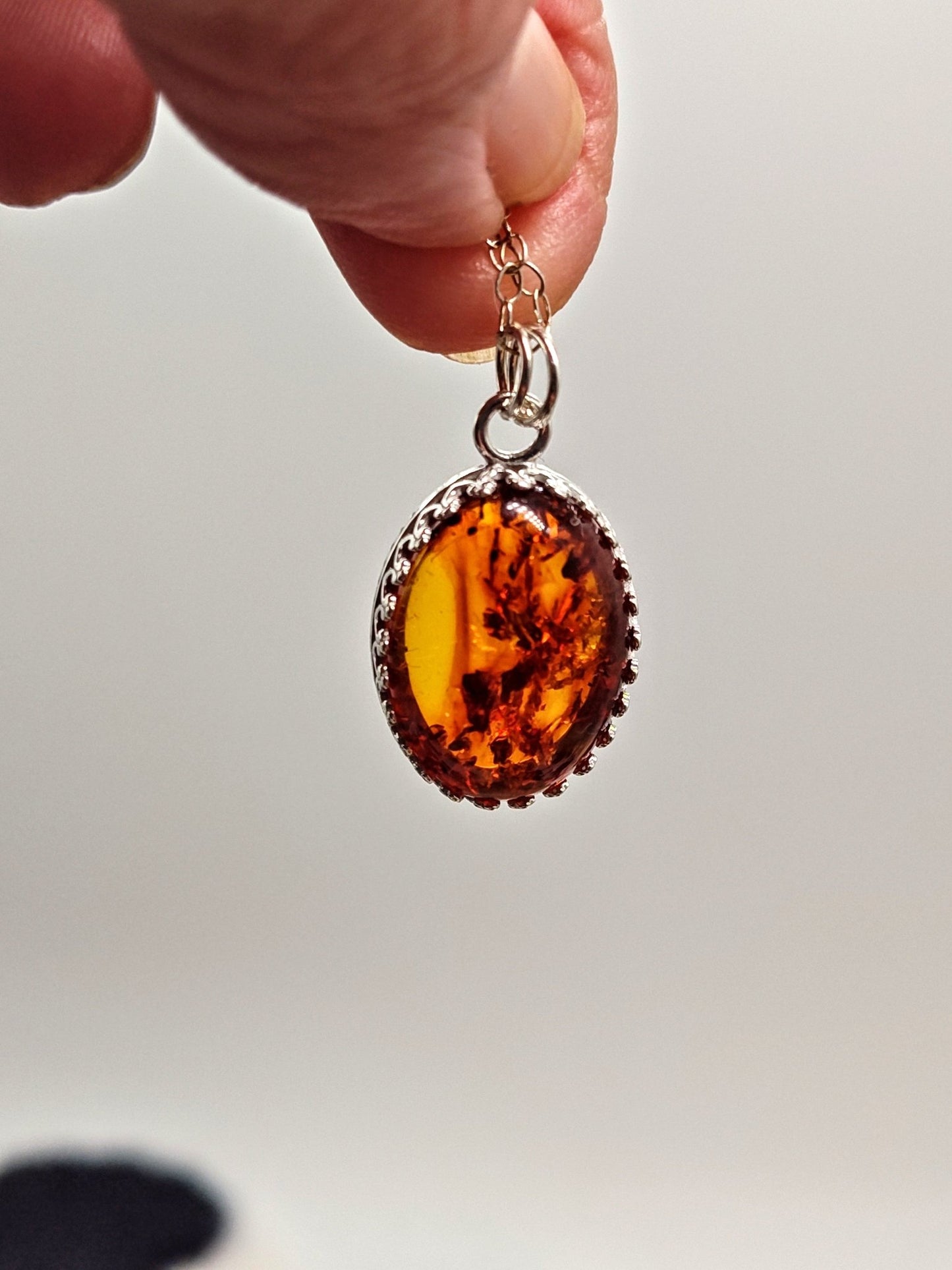Amber Sterling Silver Pendant Necklace with 18x13mm Stone - Folks On The Edge
