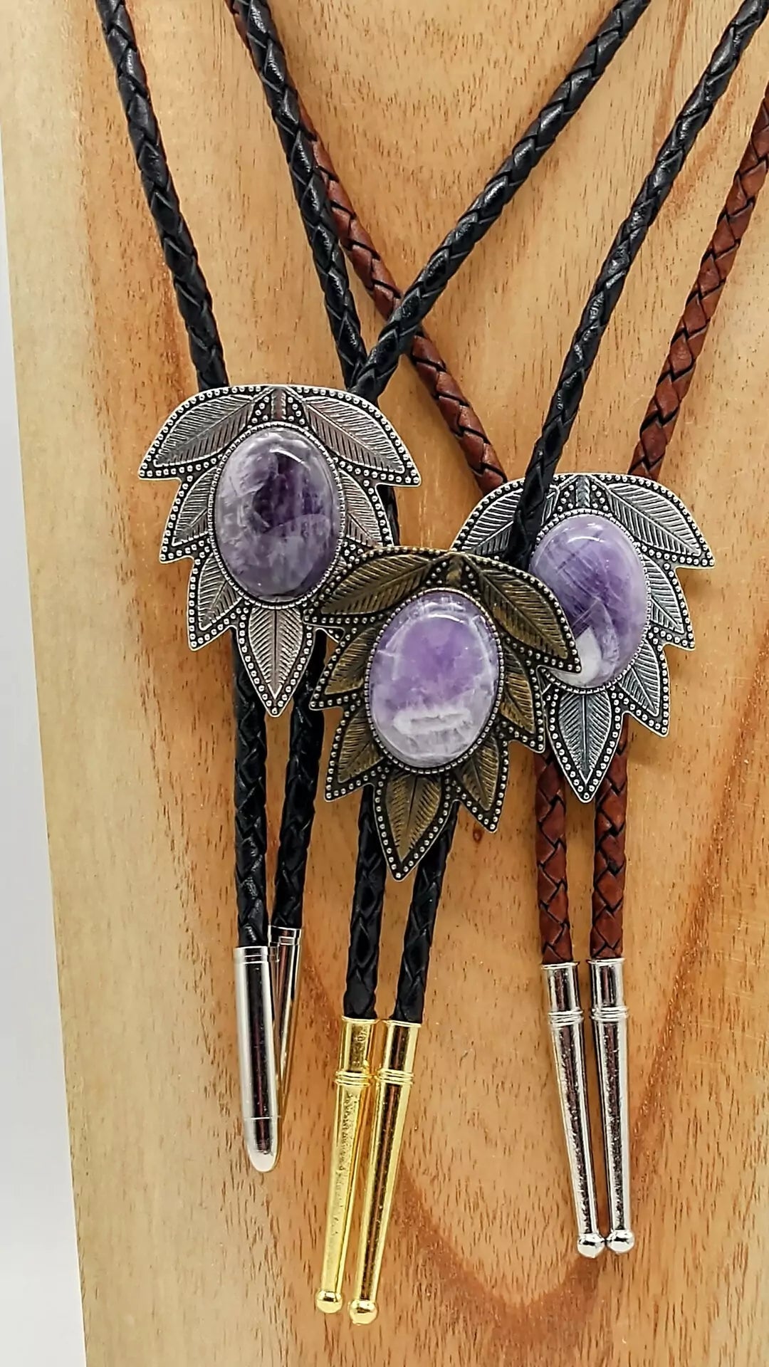 Amethyst Bolo Tie in Wisteria Setting Silver or Gold - Folks On The Edge