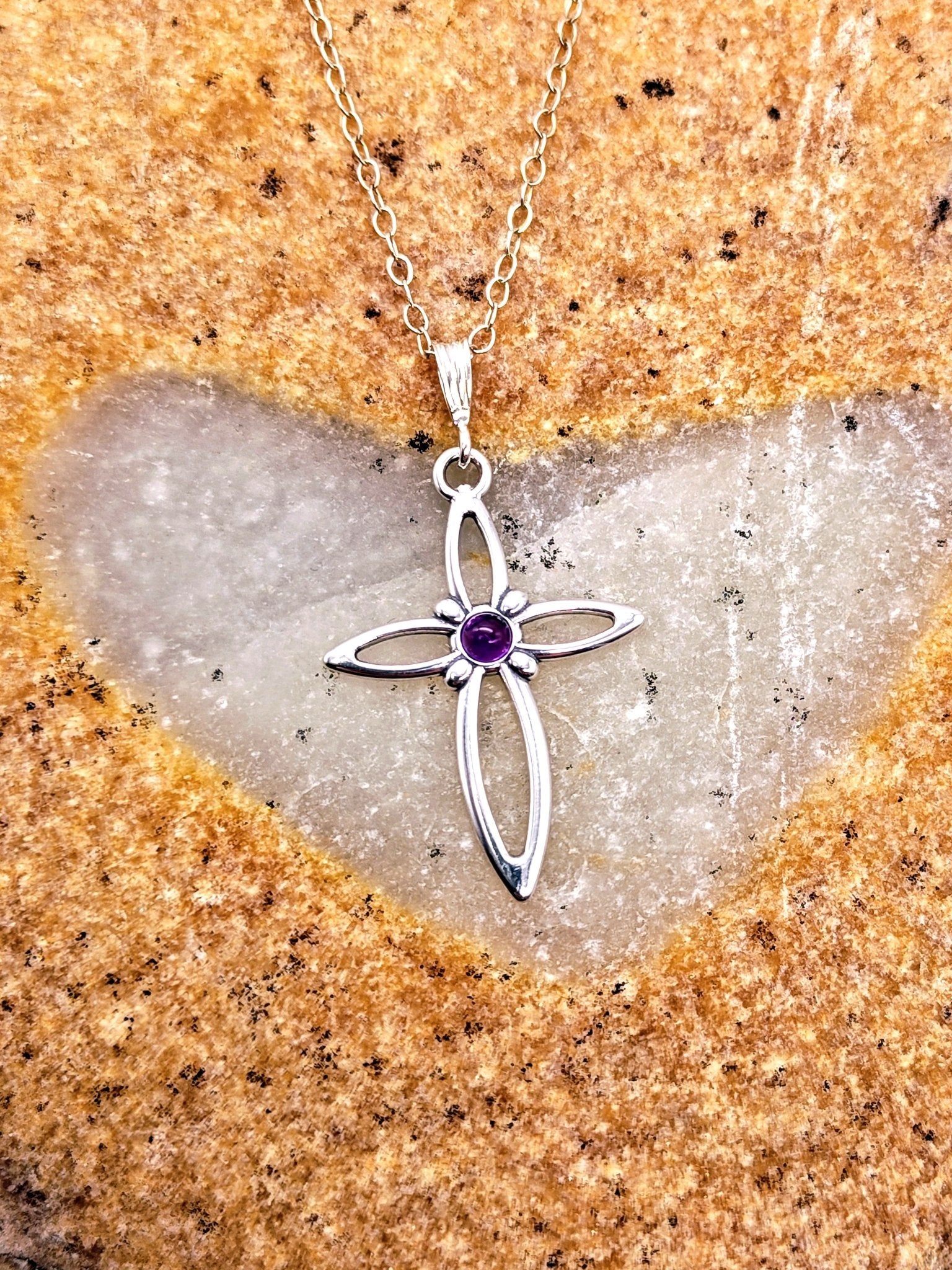 Amethyst Sterling Silver Cross Pendant Necklace with 3mm round stone - Folks On The Edge