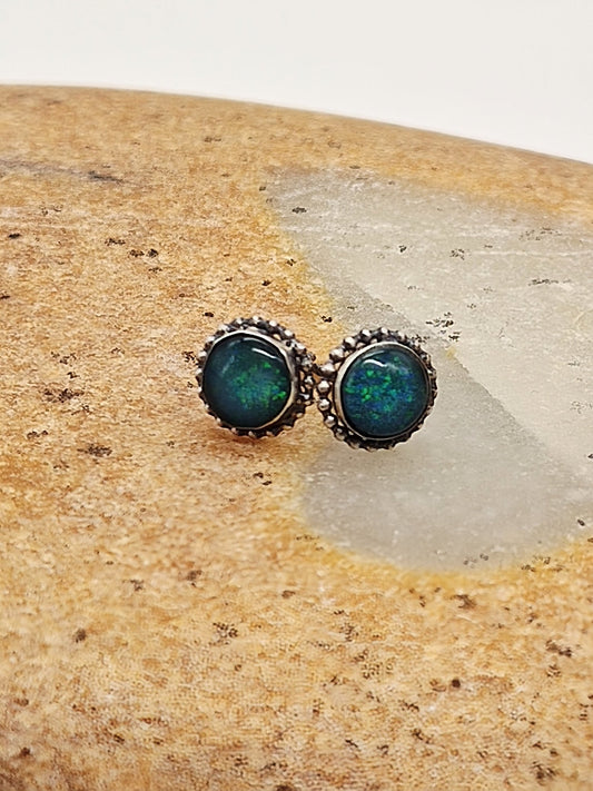 Black Opal Sterling Silver Stud Earrings in 6mm Beaded Setting - Folks On The Edge