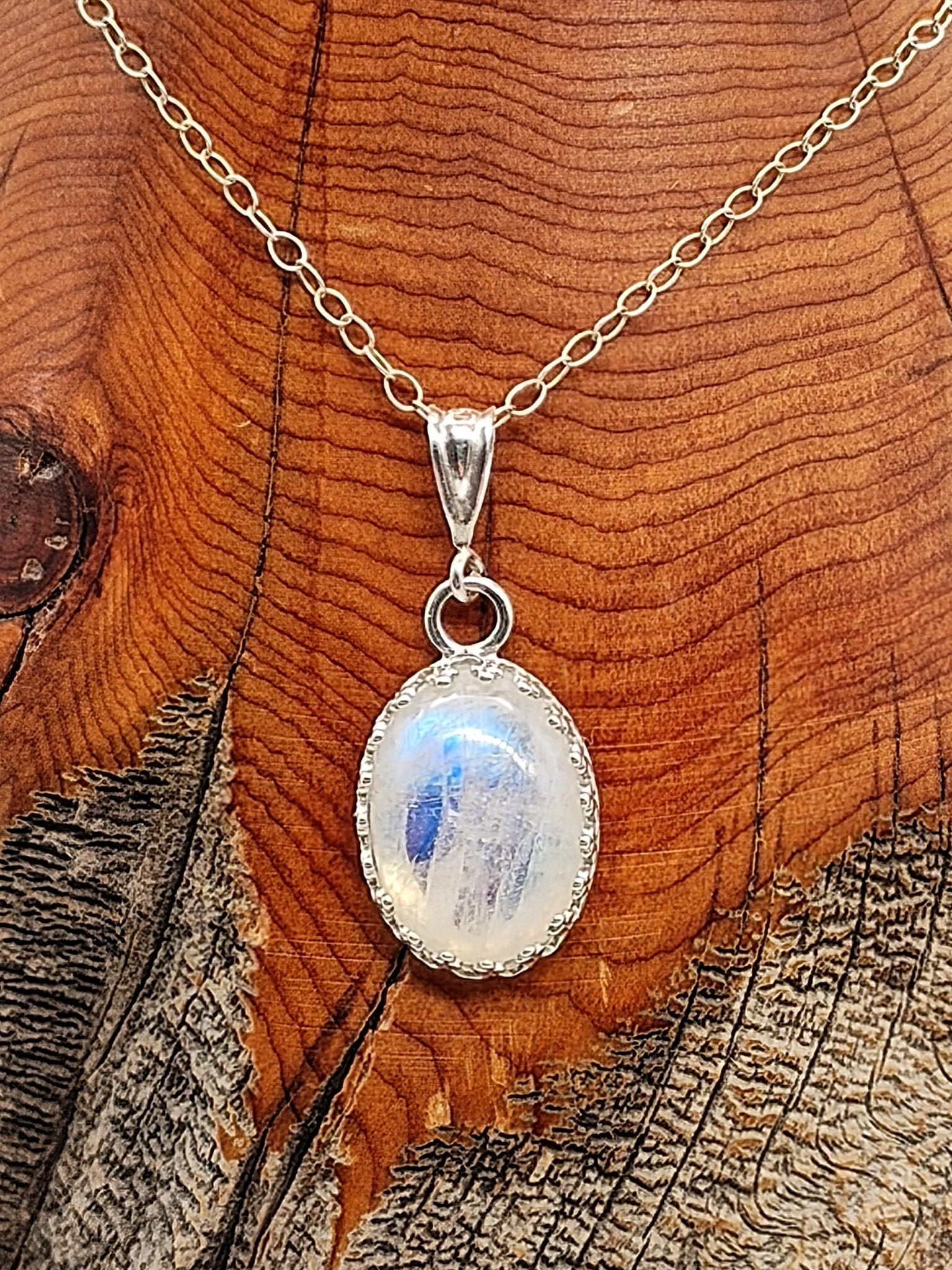Blue Flash Moonstone Sterling Silver Pendant Necklace with 14x10mm Stone - Folks On The Edge