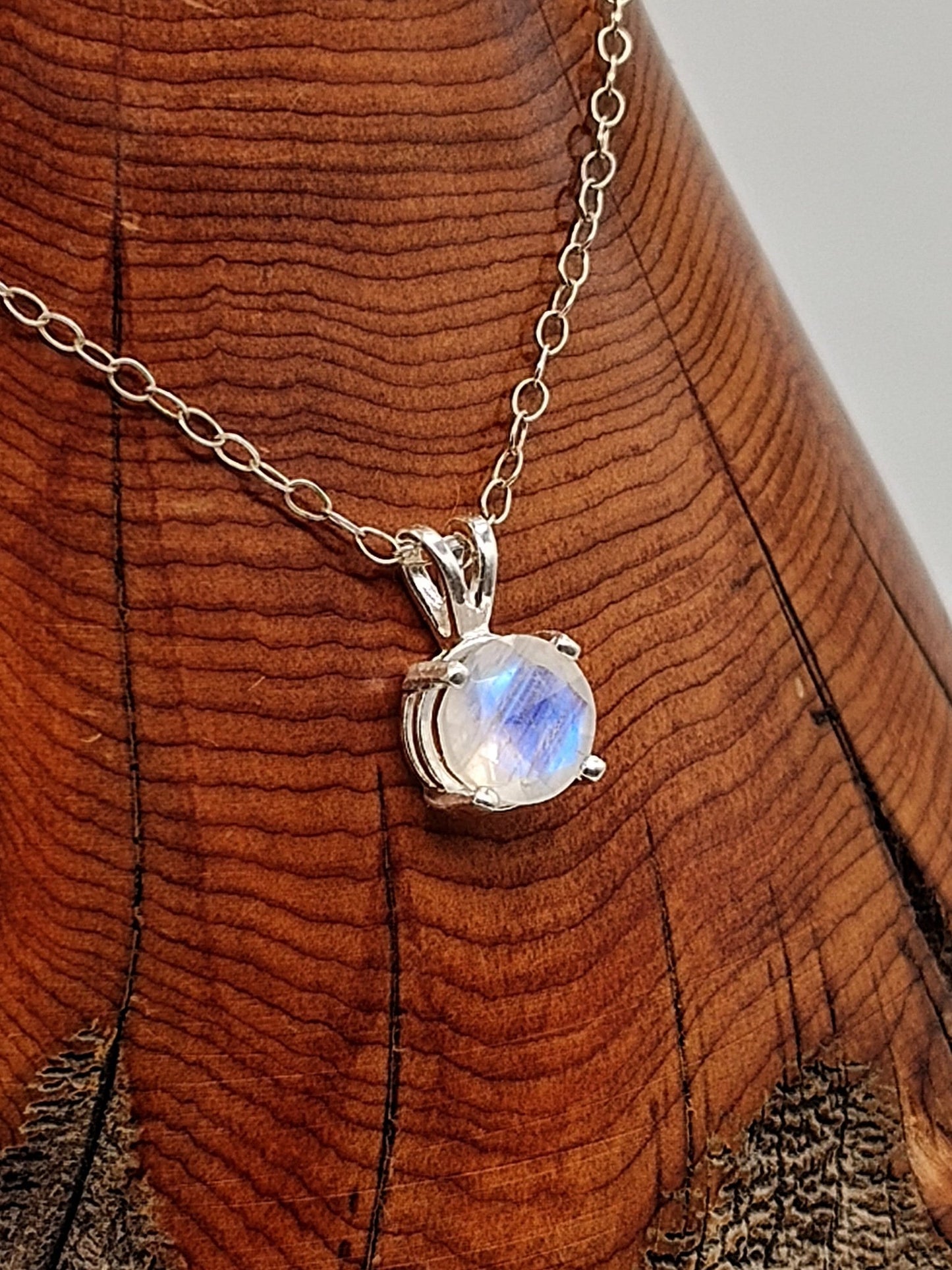Blue Flash Moonstone Sterling Silver Pendant Necklace with 8mm faceted stone - Folks On The Edge