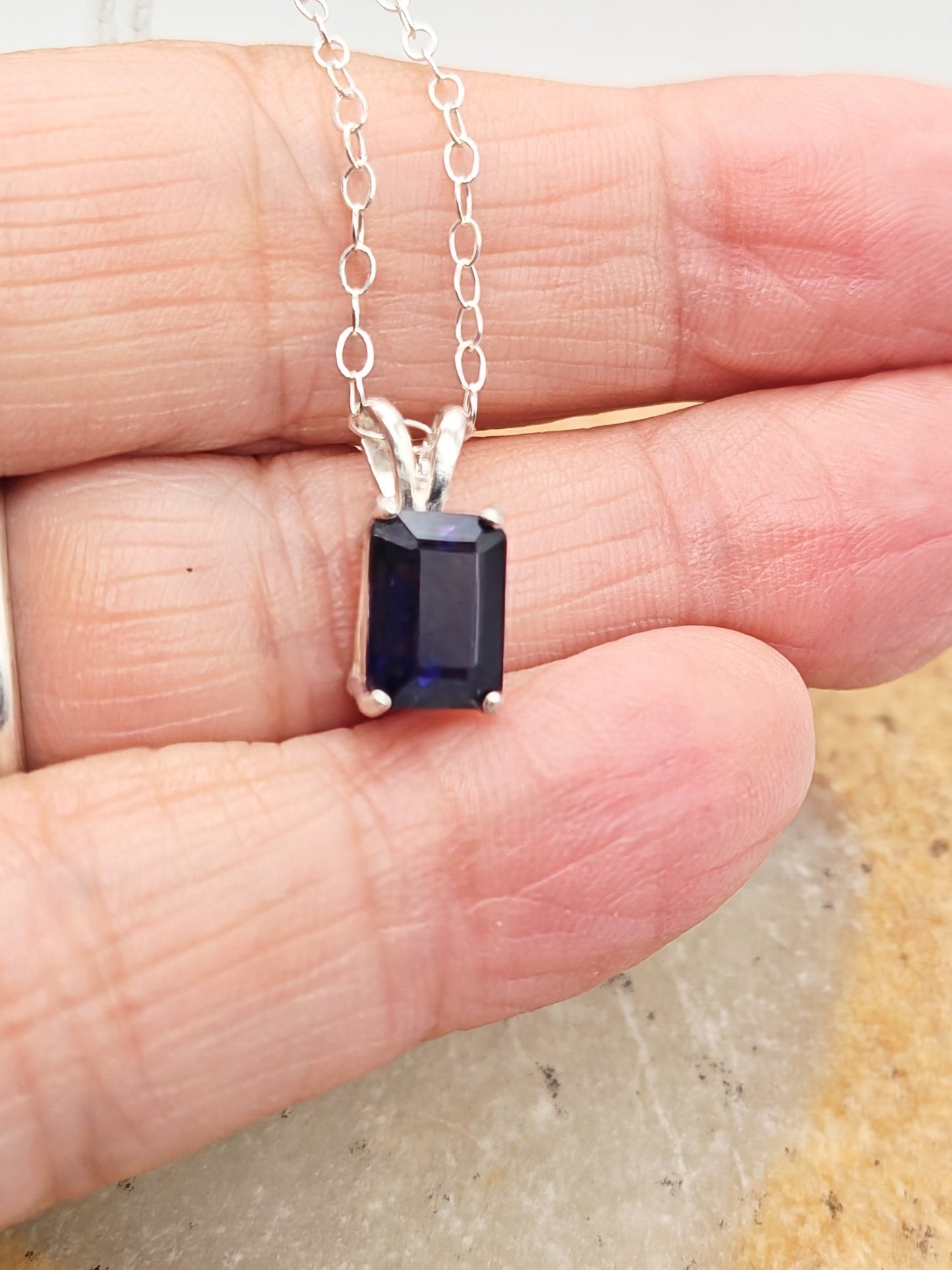 Blue Iolite Sterling Silver Pendant Necklace with 8x6mm faceted stone - Folks On The Edge