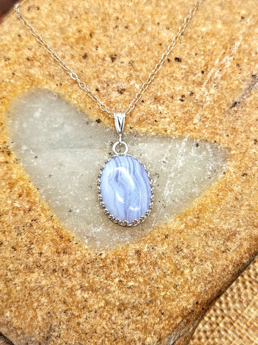 Blue Lace Agate Sterling Silver Pendant Necklace with 18x13mm Stone - Folks On The Edge
