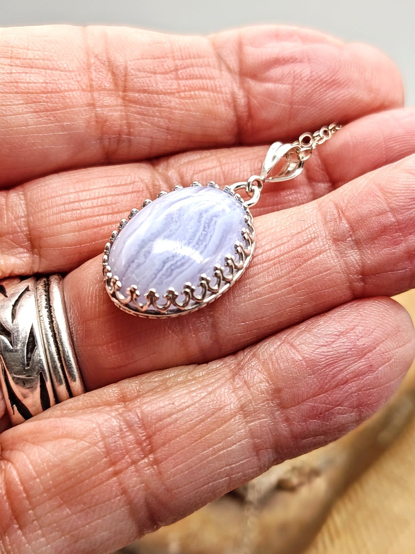 Blue Lace Agate Sterling Silver Pendant Necklace with 18x13mm Stone - Folks On The Edge