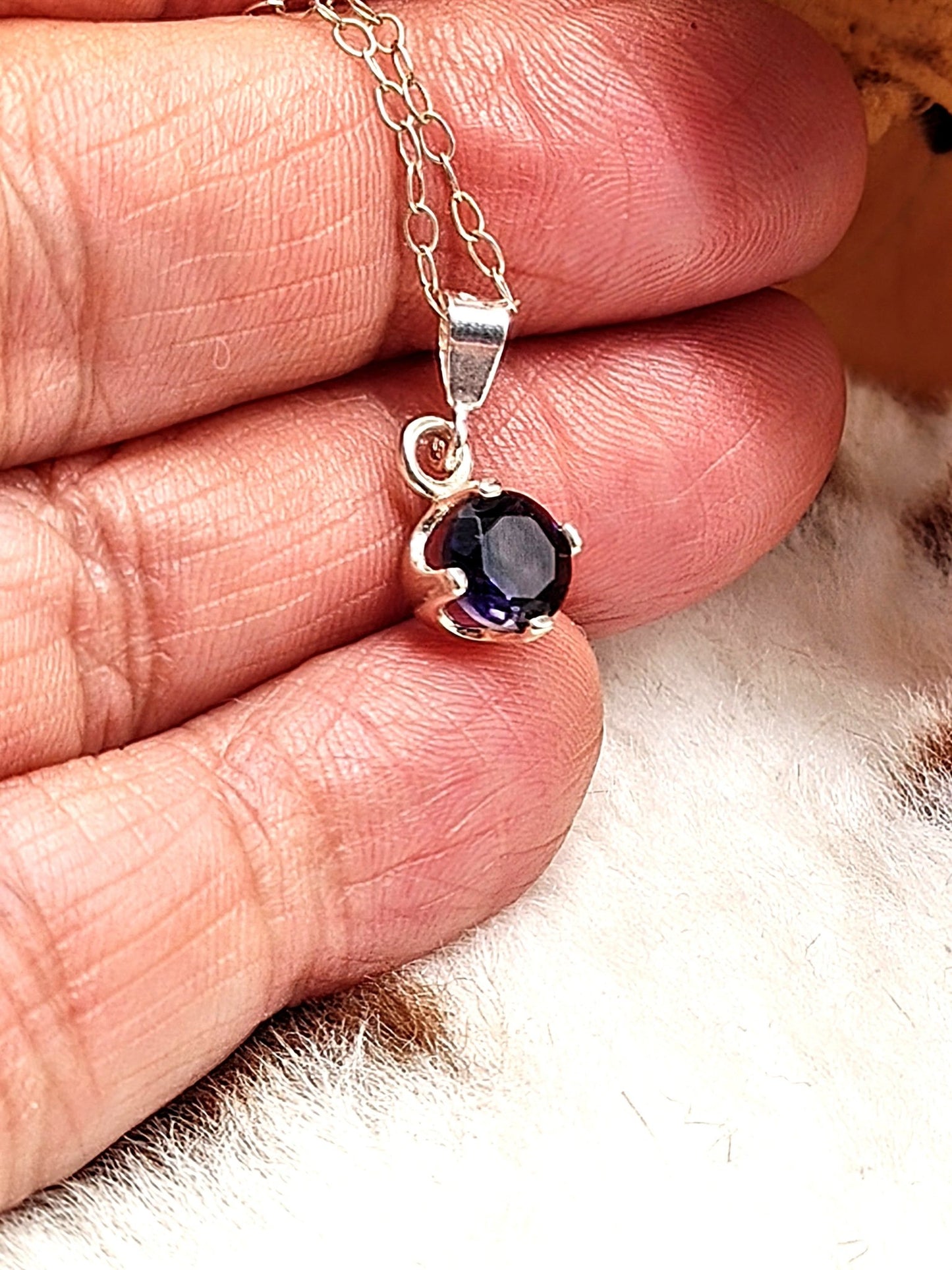 Blue Violet Iolite Sterling Silver Pendant Necklace with 6mm round stone - Folks On The Edge