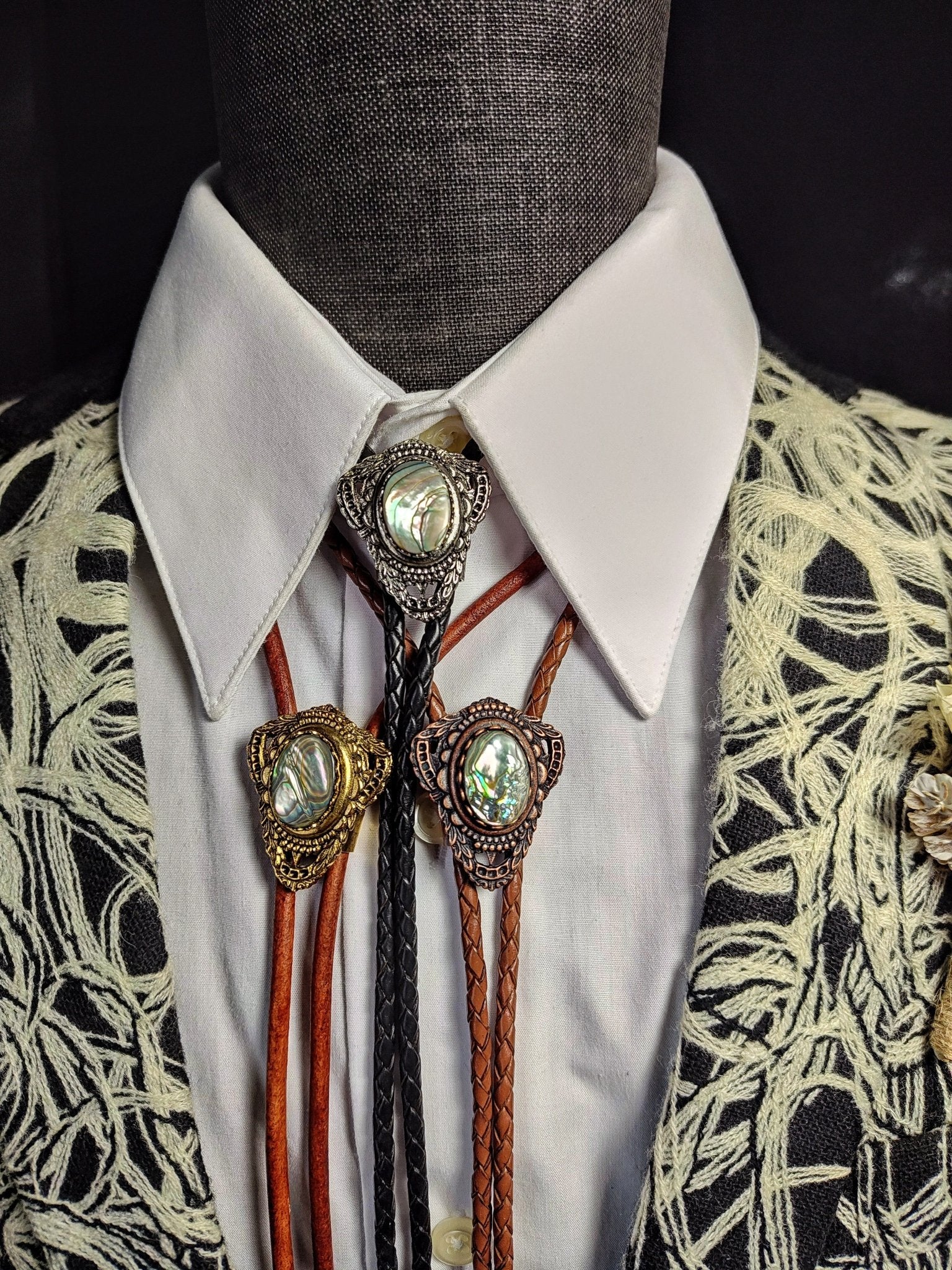 Bolo Tie with Abalone in Muldoon Gold, Silver or Copper - Folks On The Edge