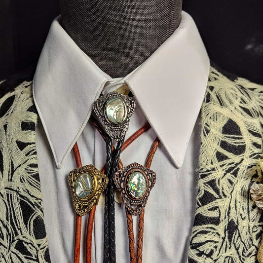 Bolo Tie with Abalone in Muldoon Gold, Silver or Copper - Folks On The Edge
