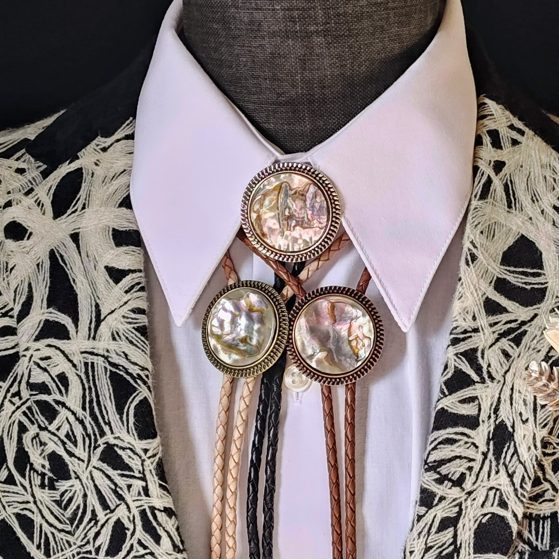 Bolo Tie with Abalone in Round Up Gold, Silver or Copper Setting - Folks On The Edge