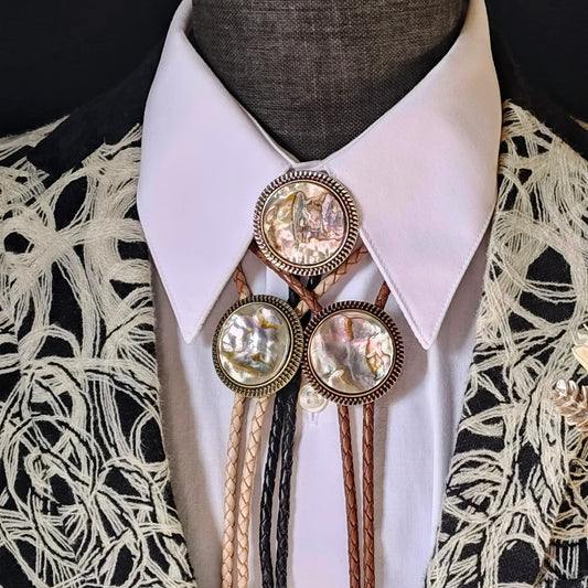 Bolo Tie with Abalone in Round Up Gold, Silver or Copper Setting - Folks On The Edge