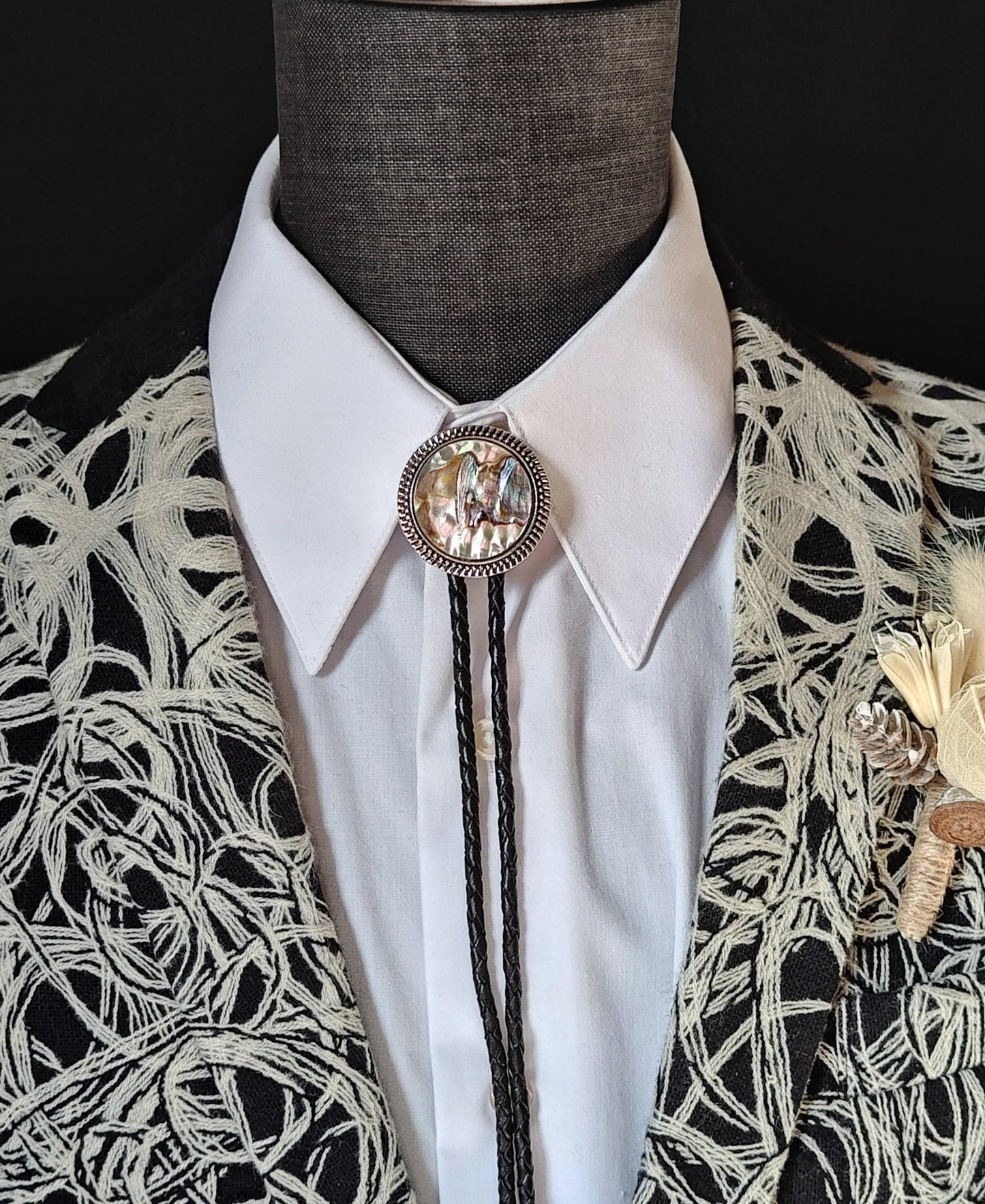 Bolo Tie with Abalone in Round Up Gold, Silver or Copper Setting - Folks On The Edge