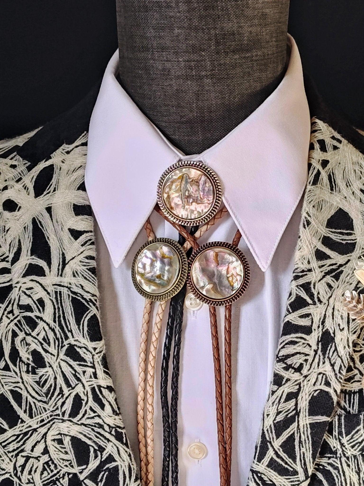 Bolo Tie with Abalone in Round Up Gold, Silver or Copper Setting - Folks On The Edge