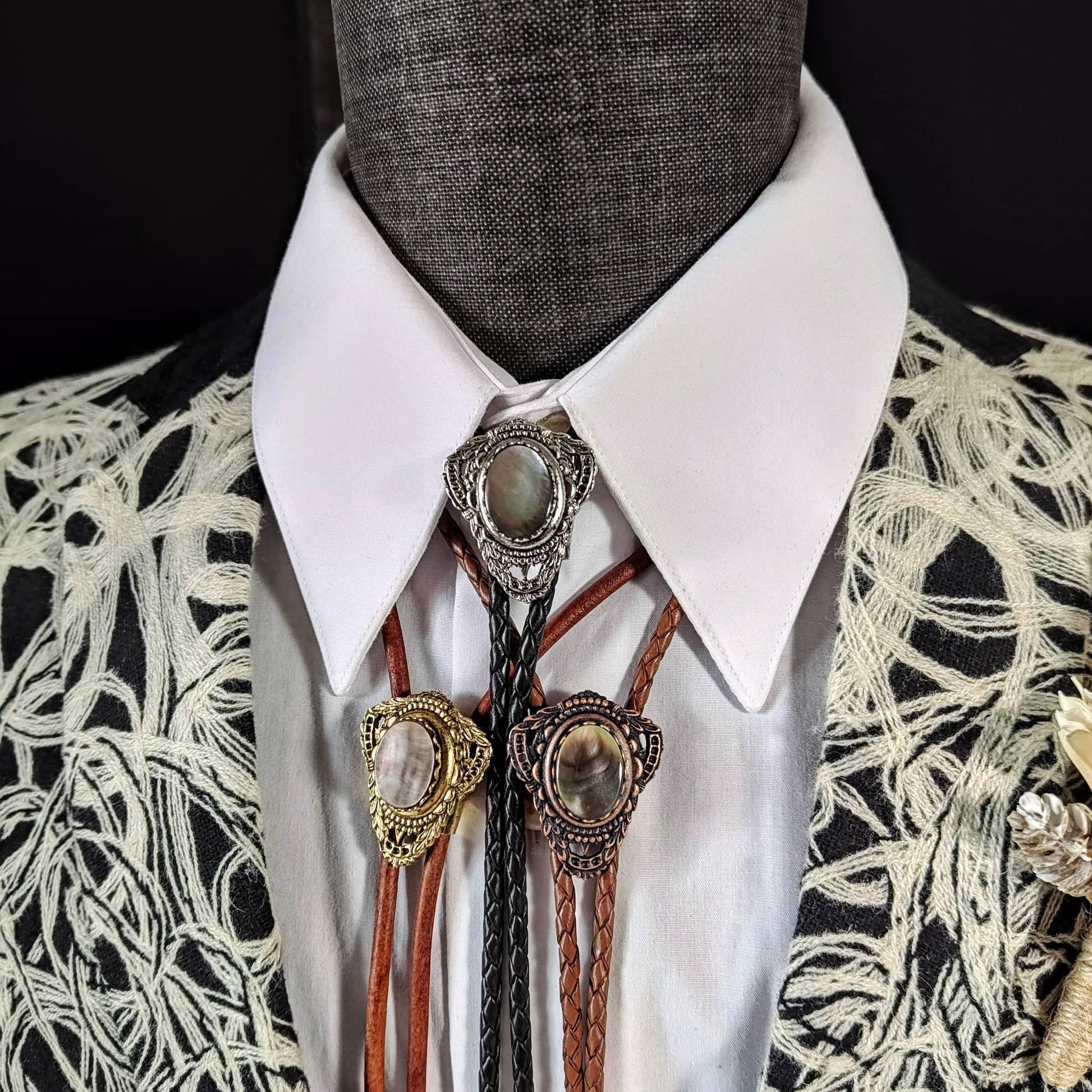 Bolo Tie with Black Mother Of Pearl in Muldoon Gold, Silver or Copper - Folks On The Edge
