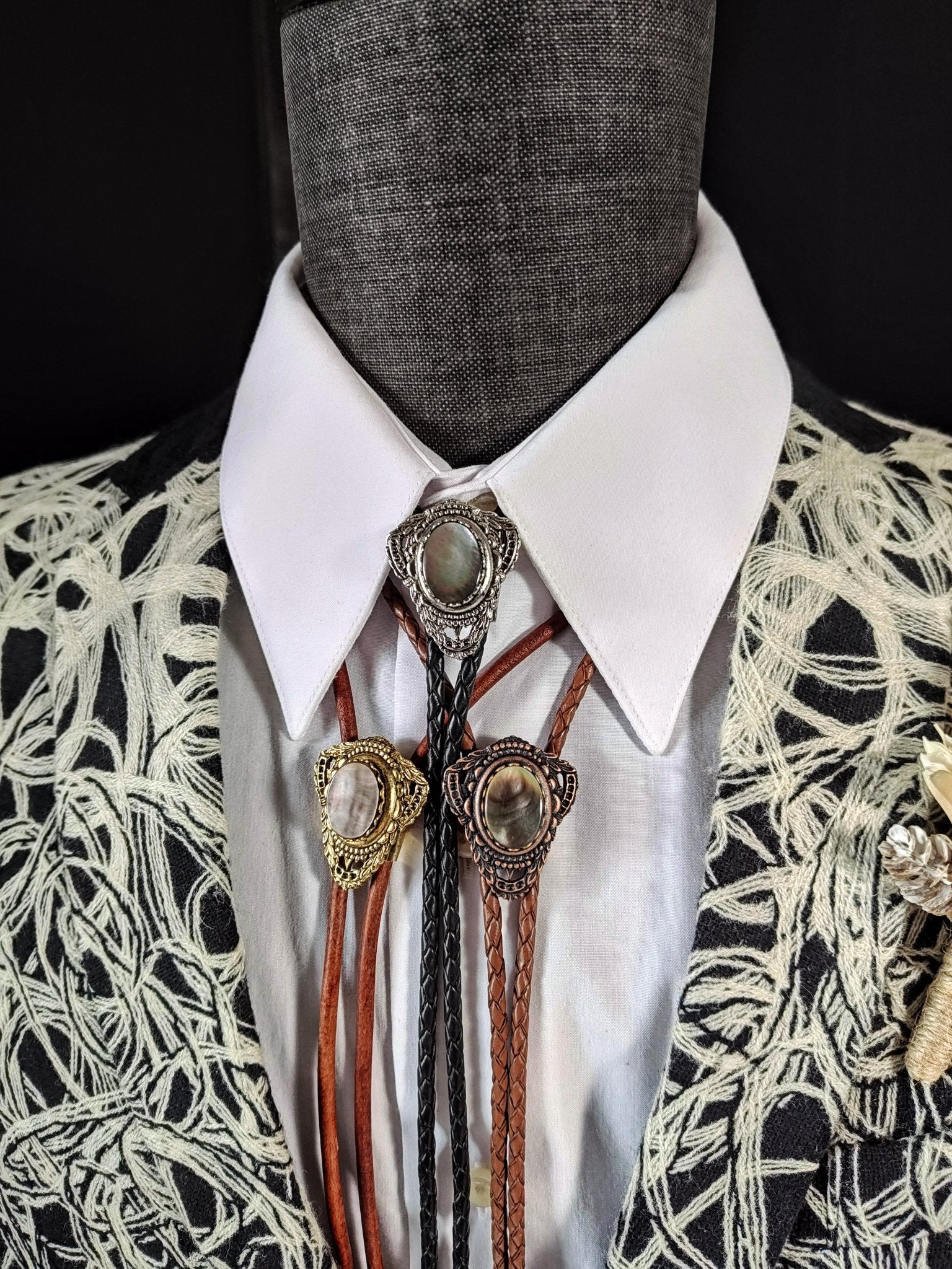 Bolo Tie with Black Mother Of Pearl in Muldoon Gold, Silver or Copper - Folks On The Edge